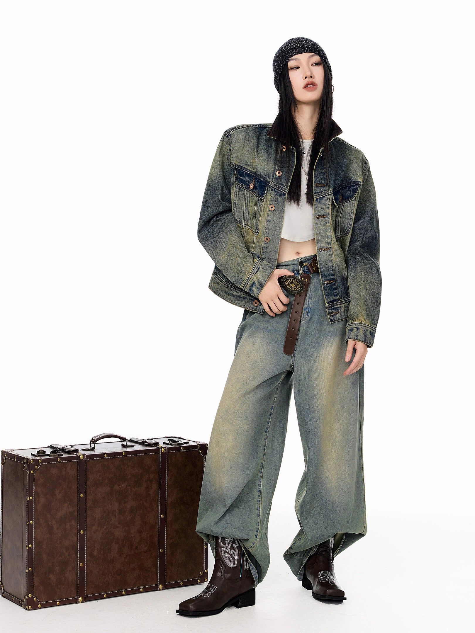 ICH MODE 美式复古水洗做旧牛仔外套女2025秋冬新款翻领夹克上衣