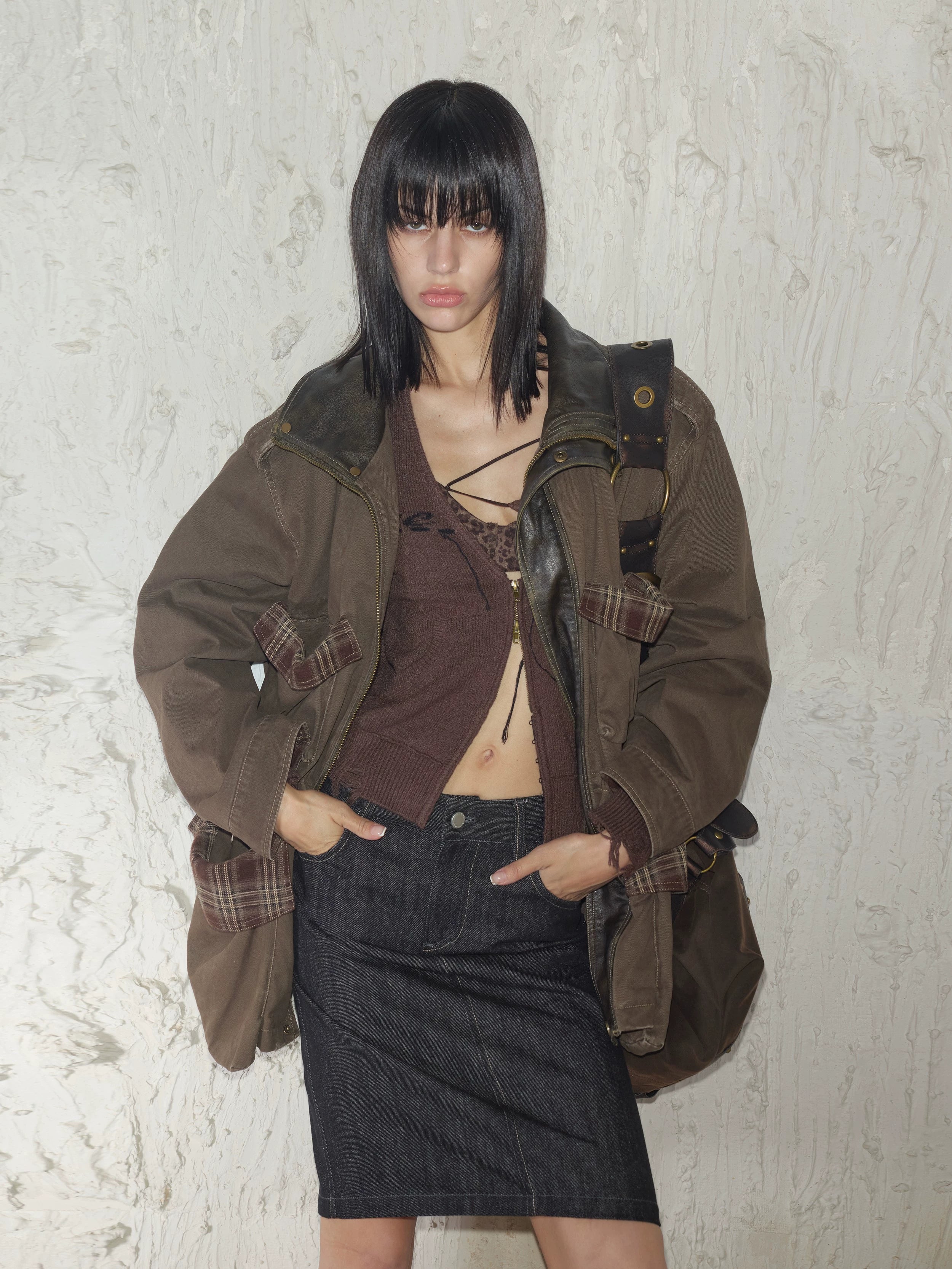 2th Desire重工做旧磨破复古拼色拉链中长款立体口袋工装风衣外套