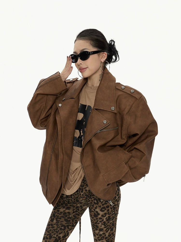 野生zero 美式复古廓形pu皮衣外套女秋冬新款酷飒风机车夹克上衣