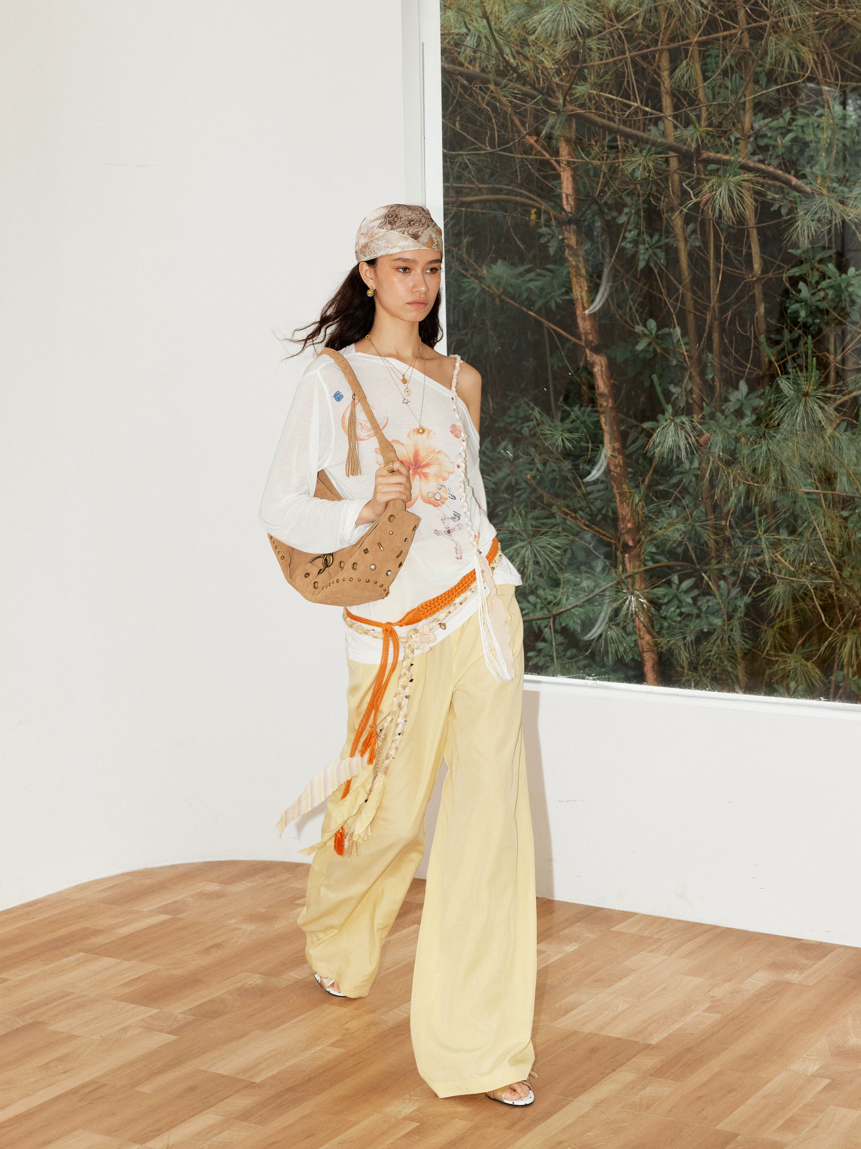 2th Desire复古松弛垂坠撞色腰头蕾丝花边拼接宽松直筒亚麻休闲裤