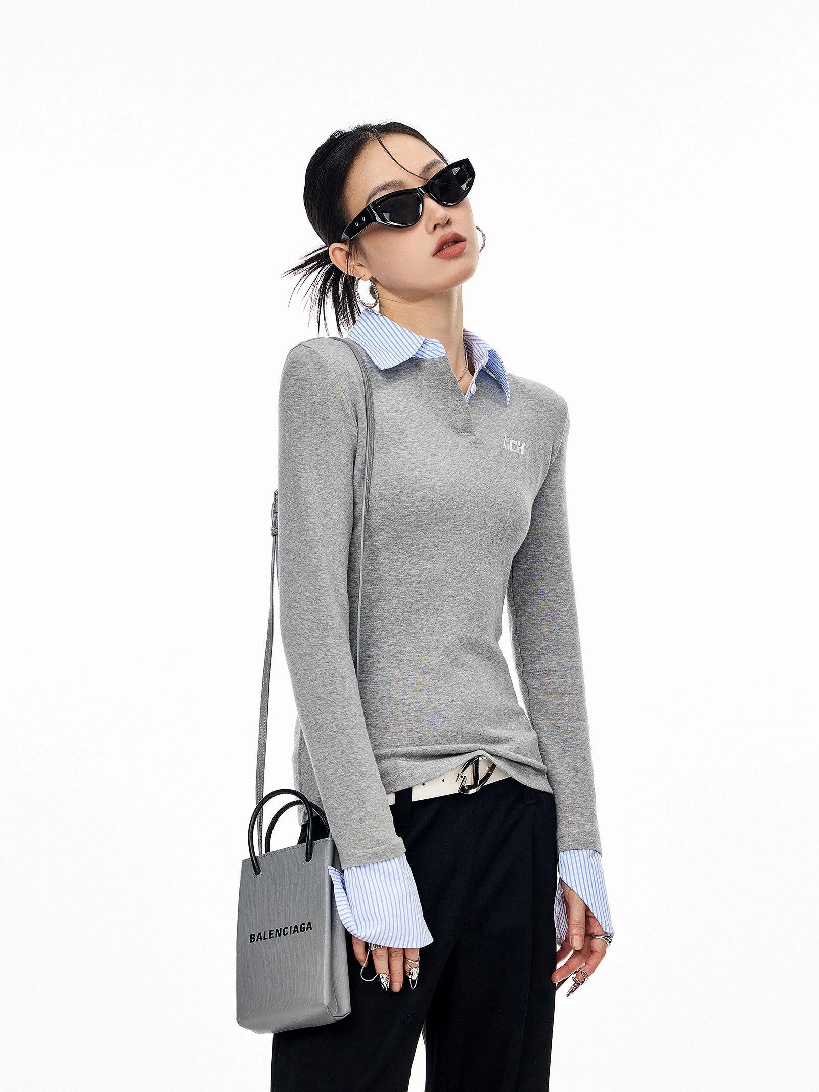 ICH MODE 美式复古假两件长袖T恤女新款修身POLO衫内搭打底衫上衣