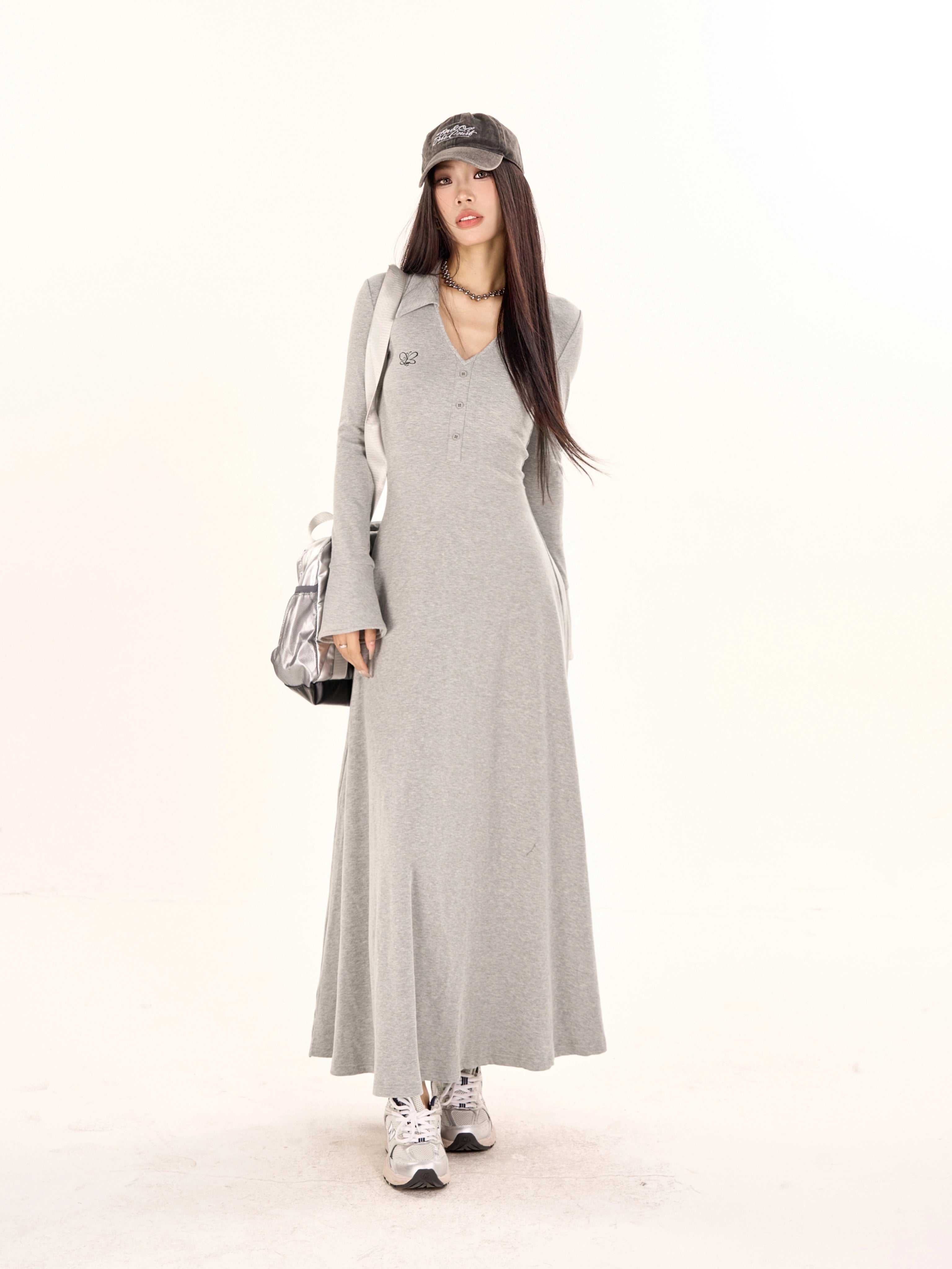 野生zero 黑灰色气质v领喇叭长袖连衣裙女春季收腰修身显瘦长裙子