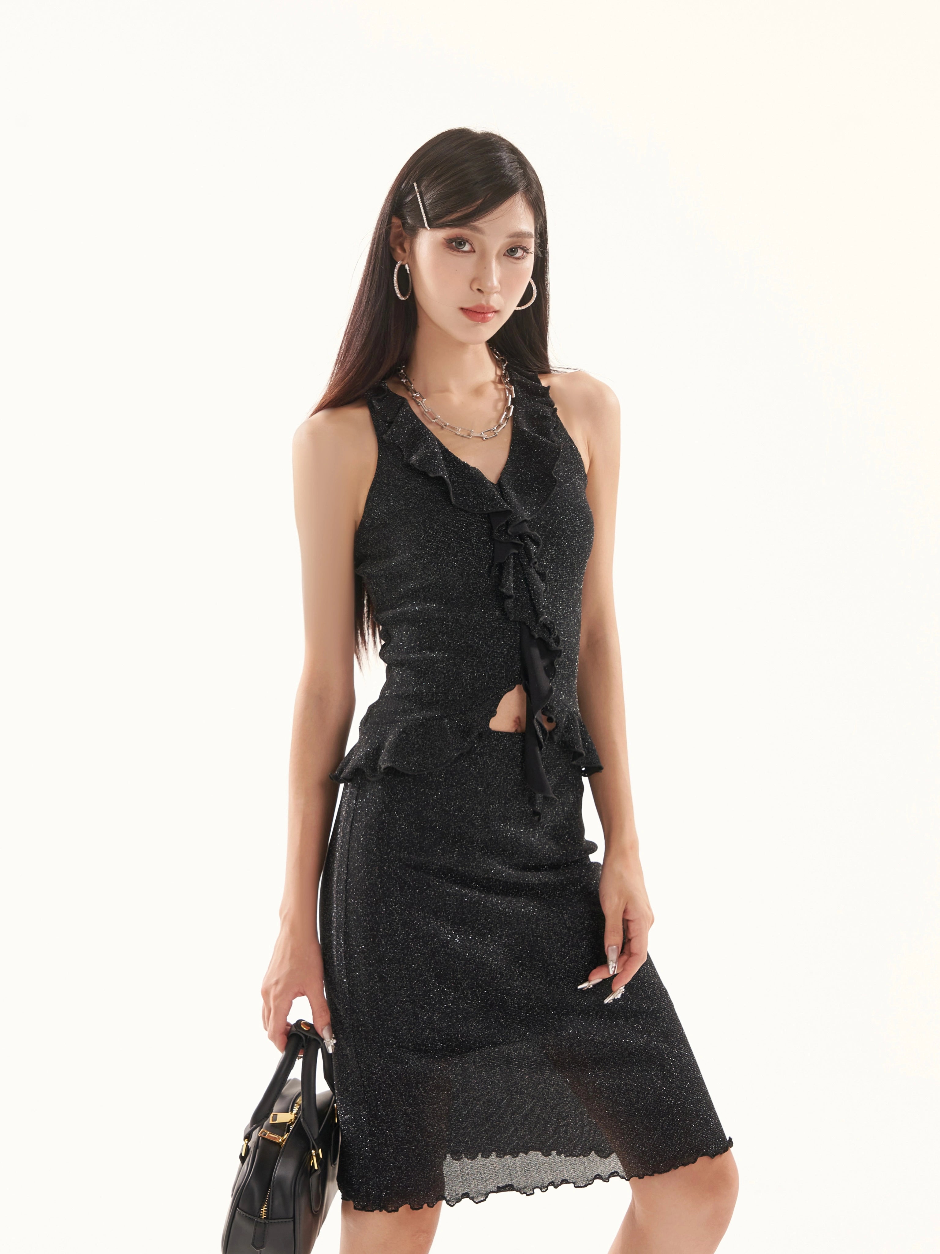 野生zero 辣妹套装裙女夏黑色荷叶边V领无袖背心上衣直筒中长裙子