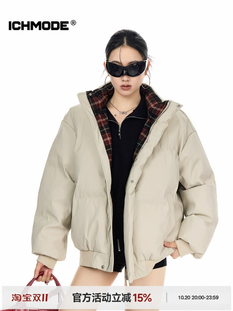 ICH MODE 美式复古格子拼接棉服女秋冬季保暖防寒面包服棉衣外套