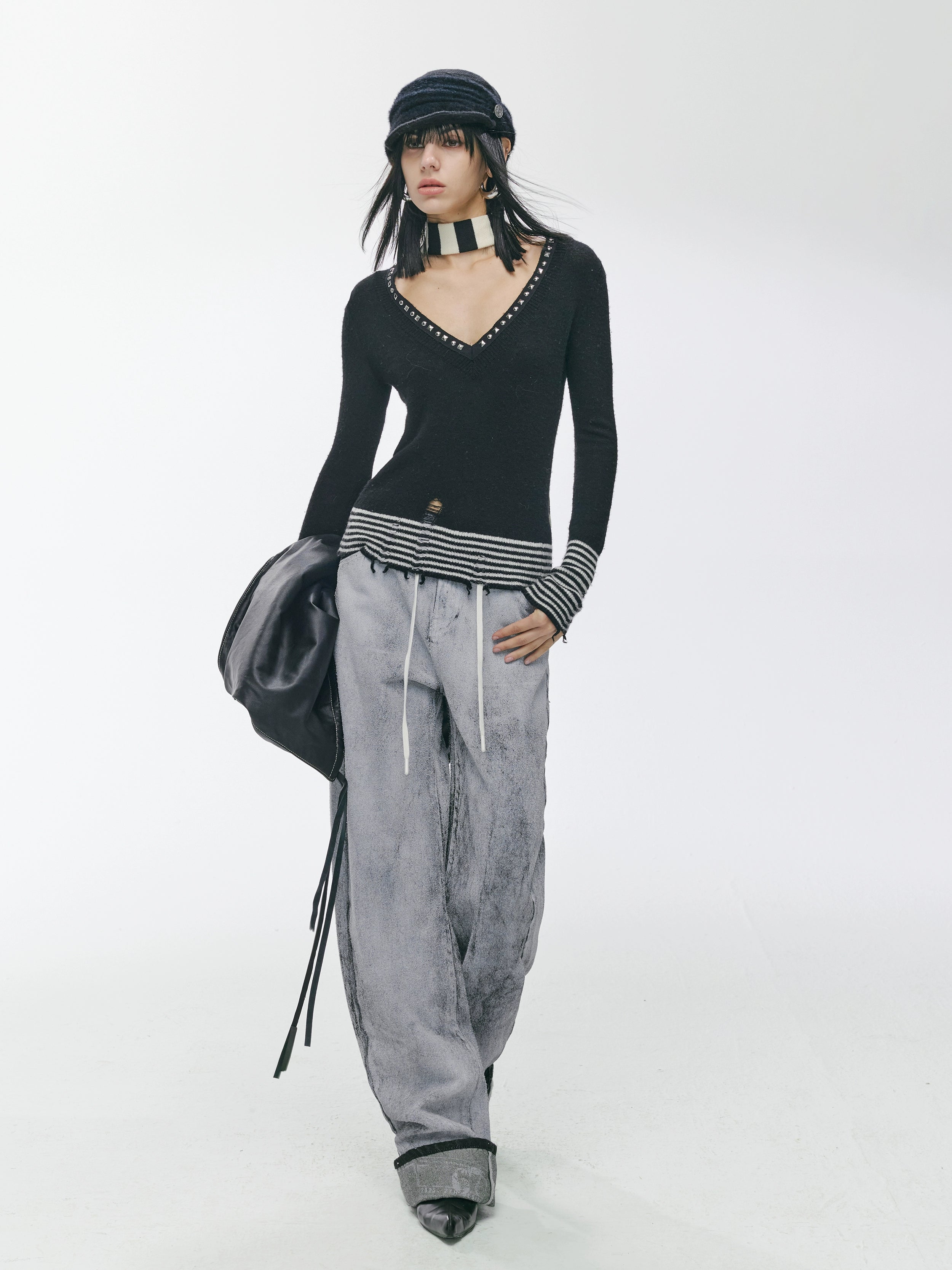 2th Desire原创朋克铆钉v领条纹拼接弹力修身打底羊毛针织衫上衣