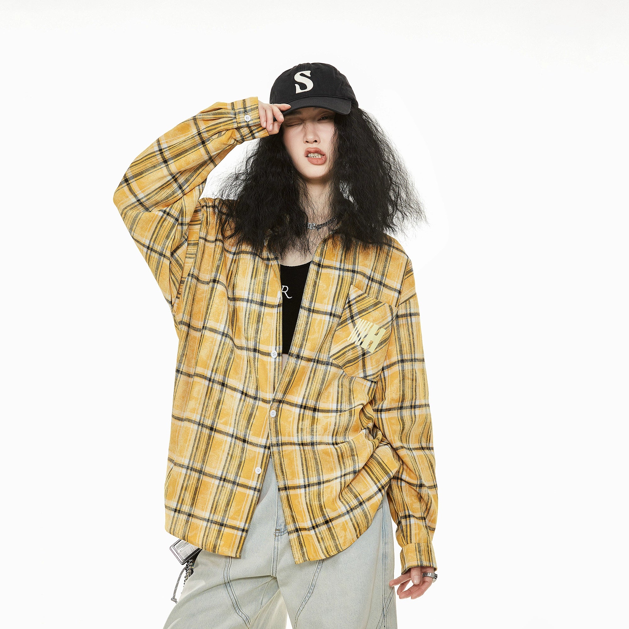 ICH MODE 美式复古格子衬衫女2025年秋冬新款高级感宽松休闲上衣