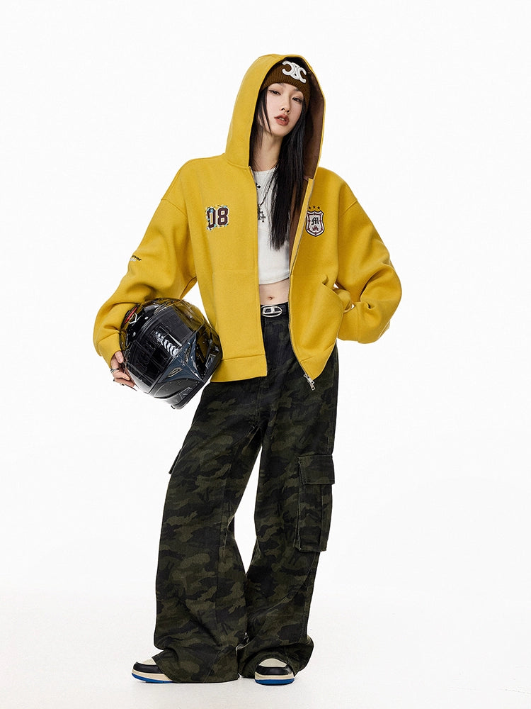 ICH MODE 美式复古撞色刺绣开衫外套女2025秋冬新款休闲连帽卫衣