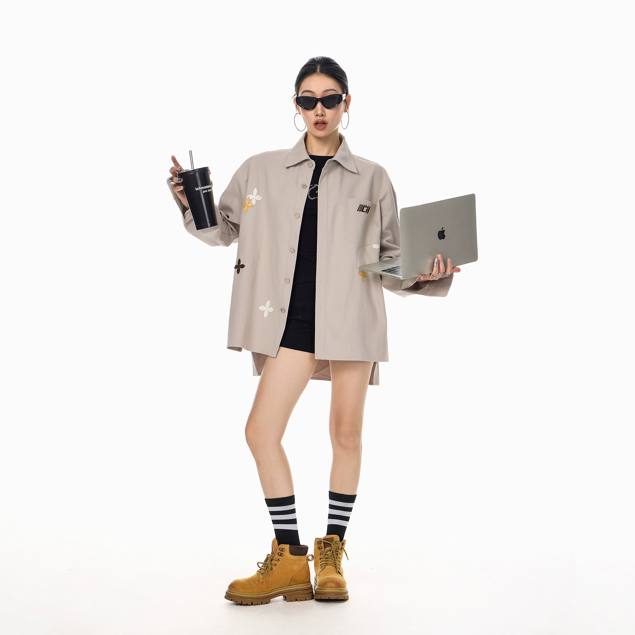 ICH MODE 美式复古刺绣长袖衬衫女2025新款宽松衬衣休闲开衫外套