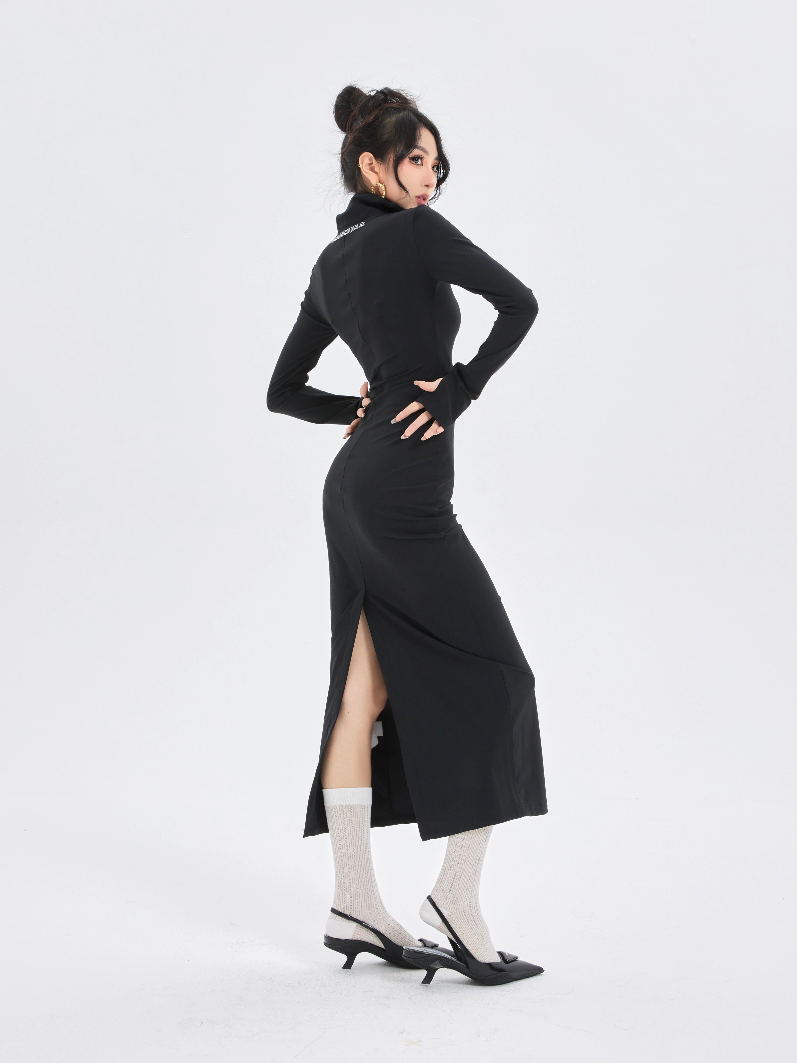 野生zerocircle黑色针织辣妹连衣裙女春收腰紧身包臀开叉中长裙子