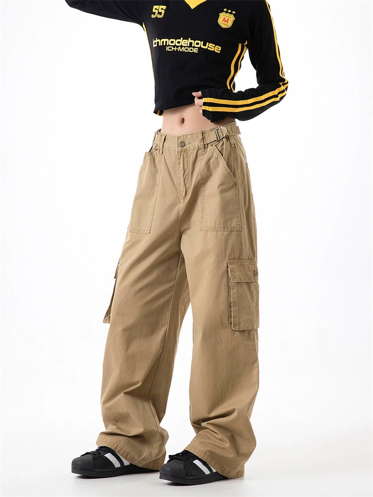 ICH MODE 美式复古口袋工装裤女2025新款秋宽松直筒阔腿休闲裤