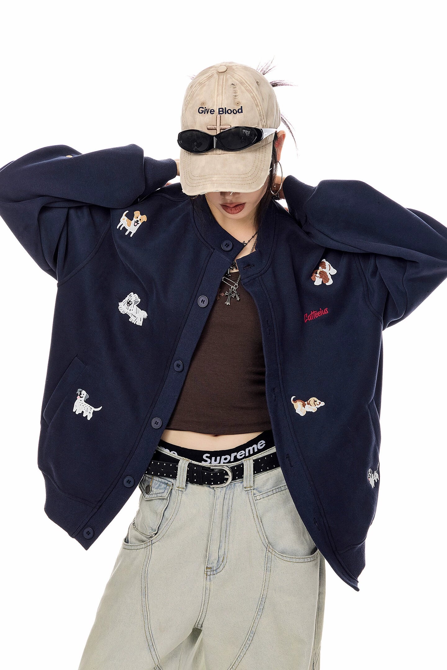 ICH MODE 美式复古小狗刺绣棒球领外套女2025秋冬季卫衣开衫上衣