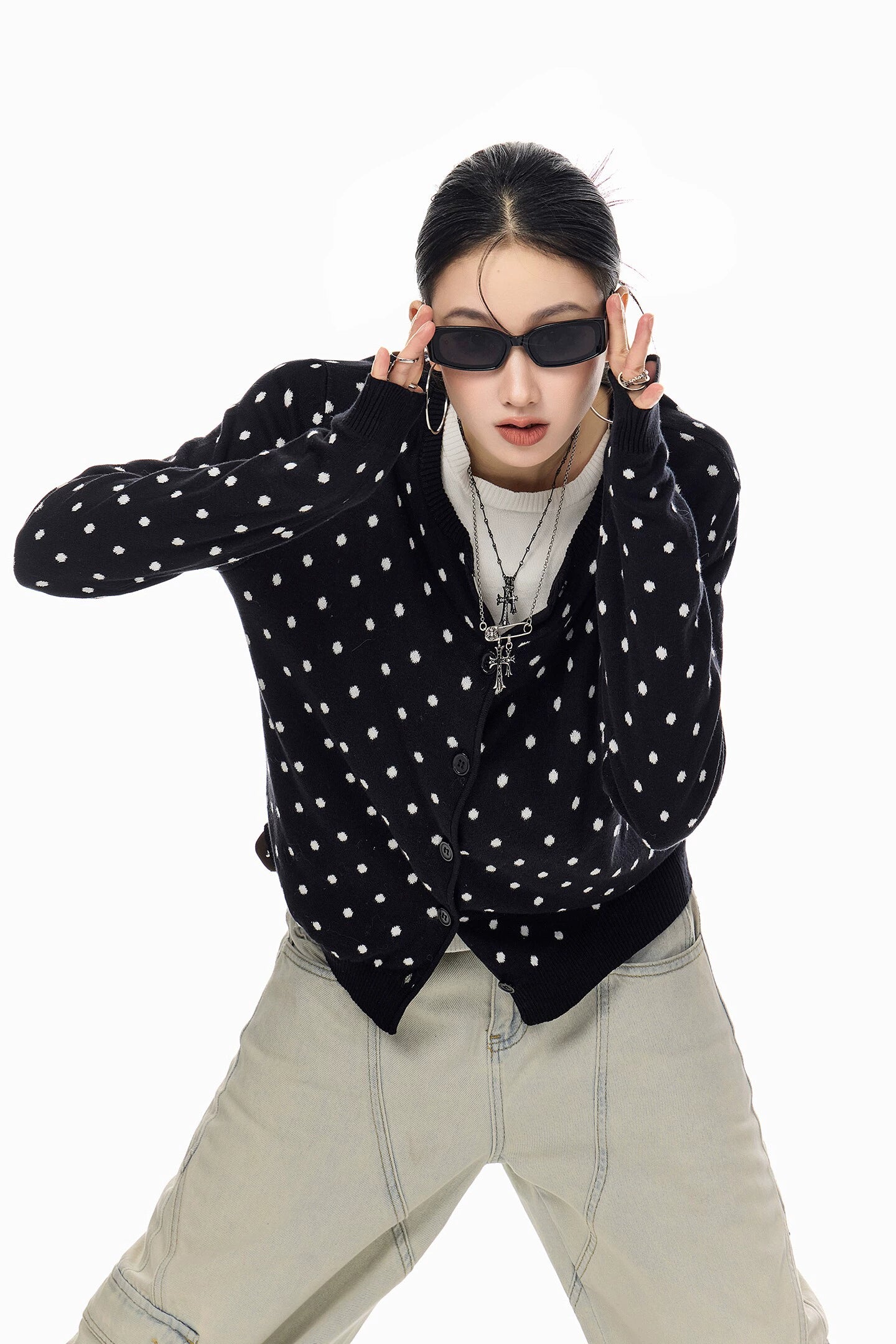 ICH MODE 美式复古修身波点针织开衫女2025新款秋冬慵懒毛衣外套