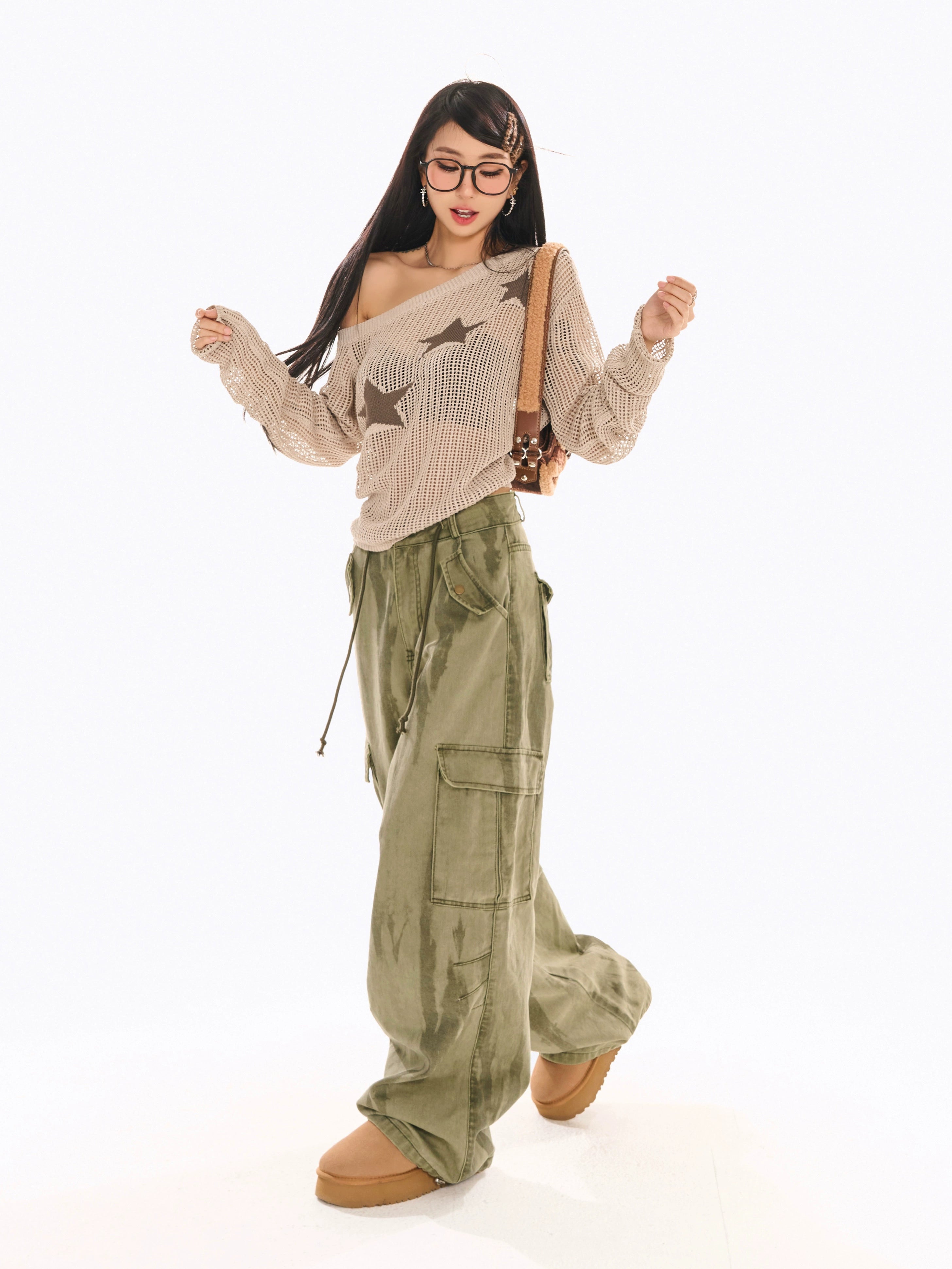 野生zerocircle卡其绿色工装裤女春美式宽松阔腿直筒休闲扎染裤子