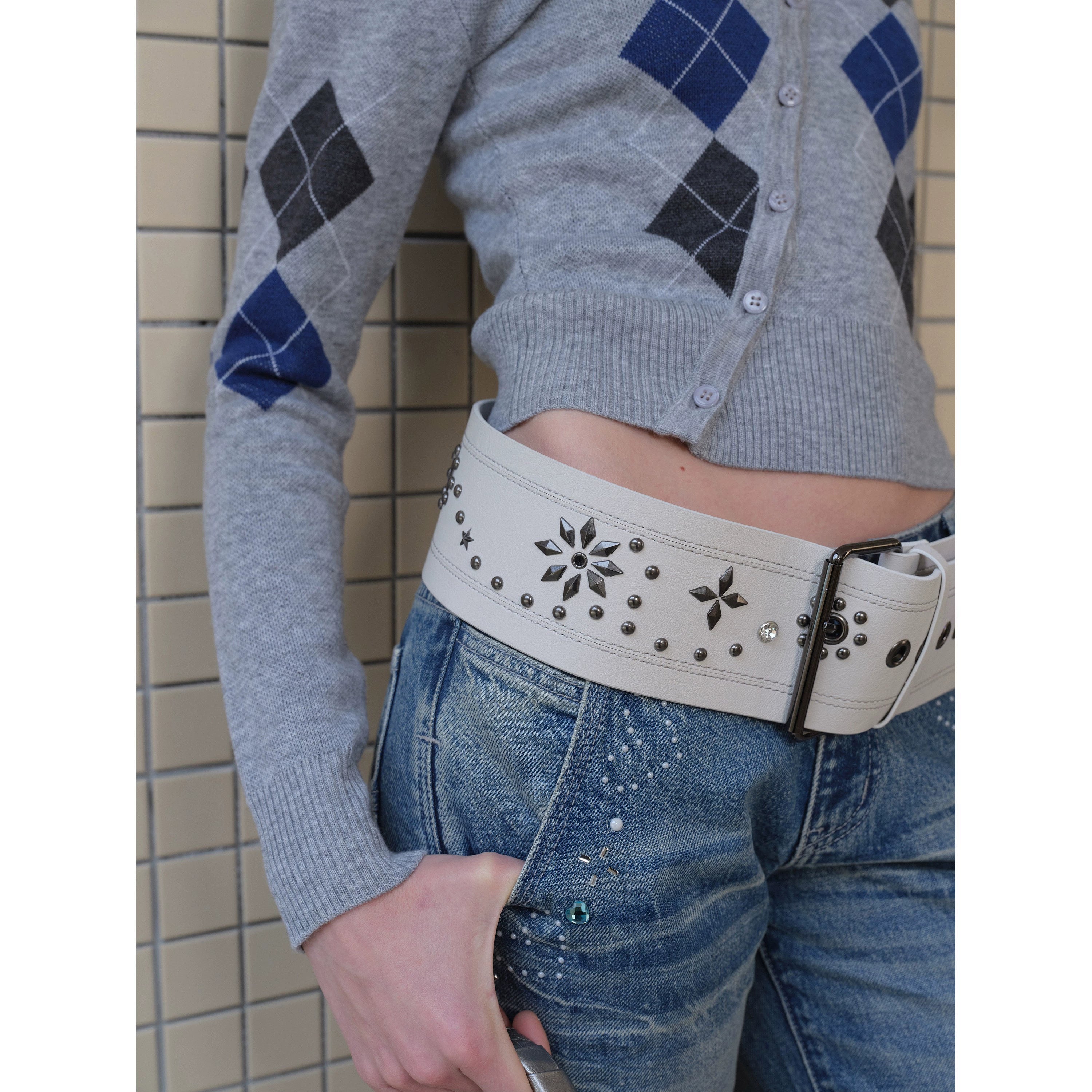 2th Desire朋克复古撞色小众设计感y2k辣妹铆钉钻石钉镶嵌宽腰带