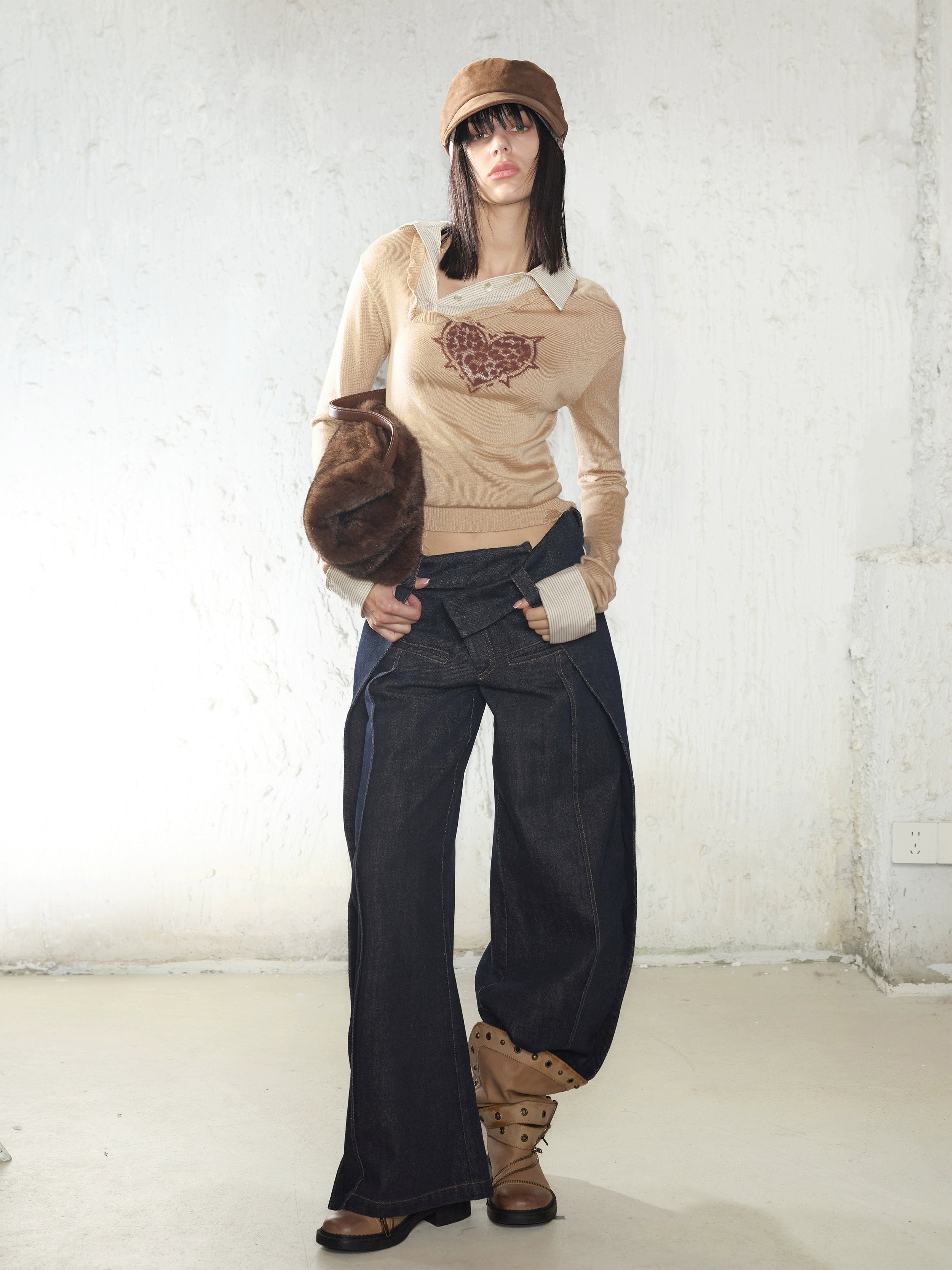 2th Desire时髦复古爱心豹纹假两件拼接撞色条纹毛衣针织衫上衣