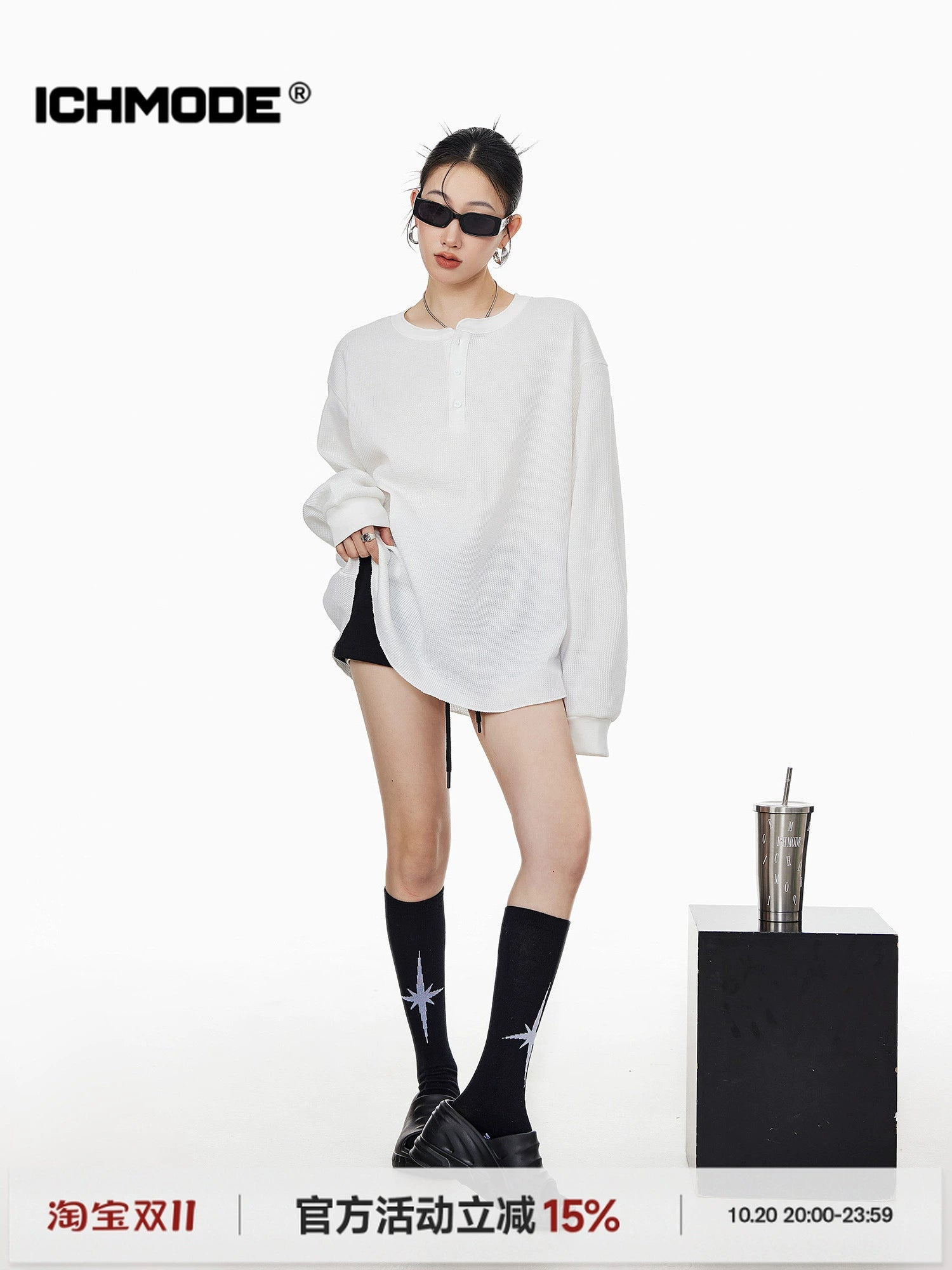 ICH MODE 美式亨利领长袖T恤女2025年夏季新款华夫格宽松休闲罩衫