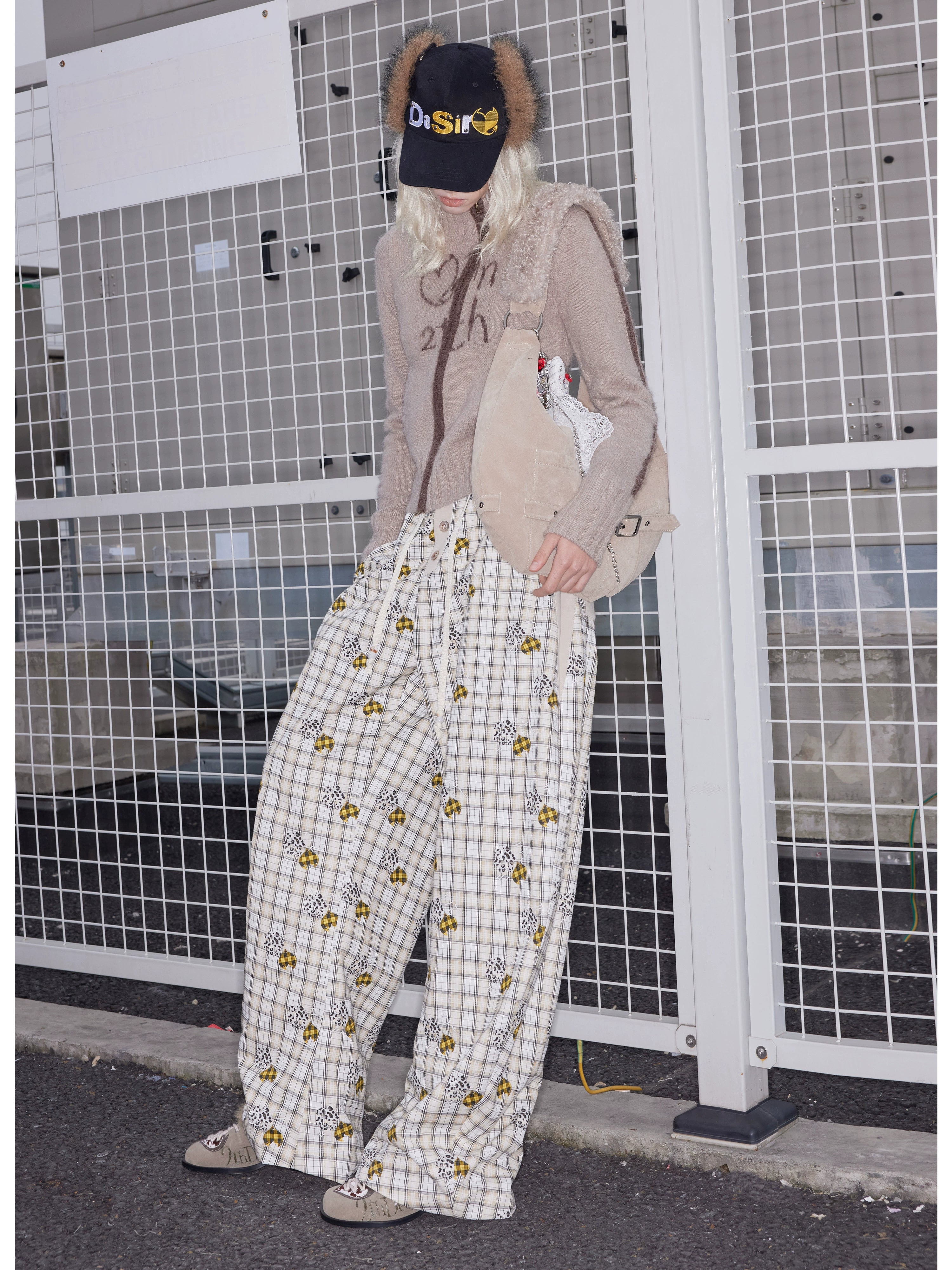 2th Desire莱赛尔定织原创恶魔爱心小狗爪印格纹串珠休闲香蕉裤女