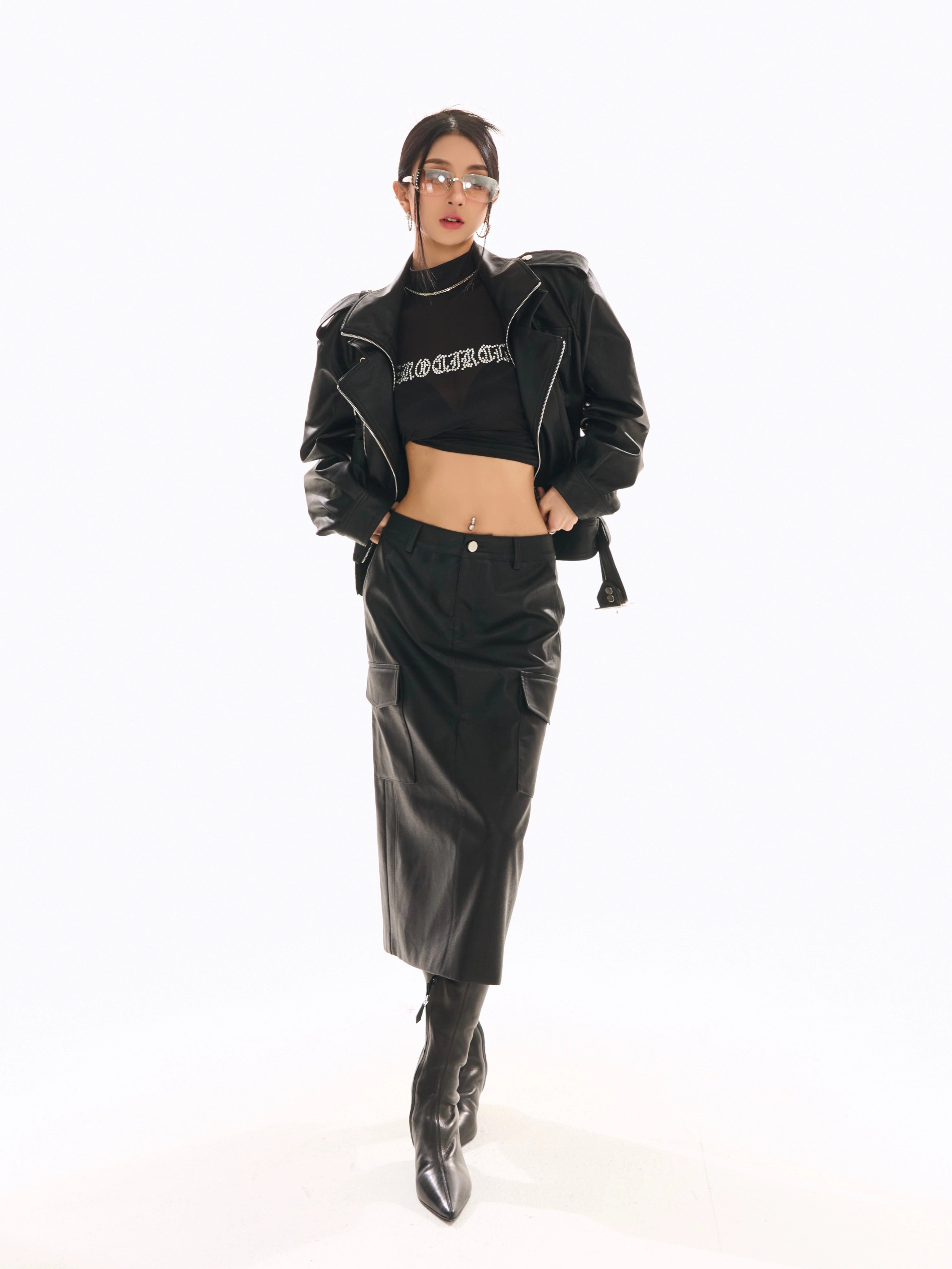 野生zerocircle黑色皮裙女秋辣妹显瘦小众开叉直筒中长款半身裙子