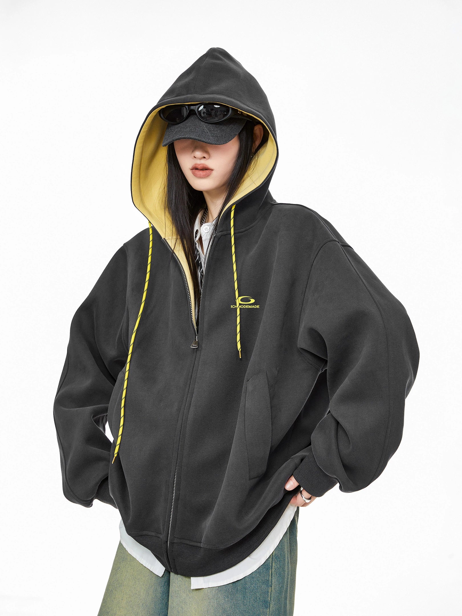 ICH MODE 美式复古拼色加绒连帽卫衣女秋冬开衫卫衣宽松休闲上衣