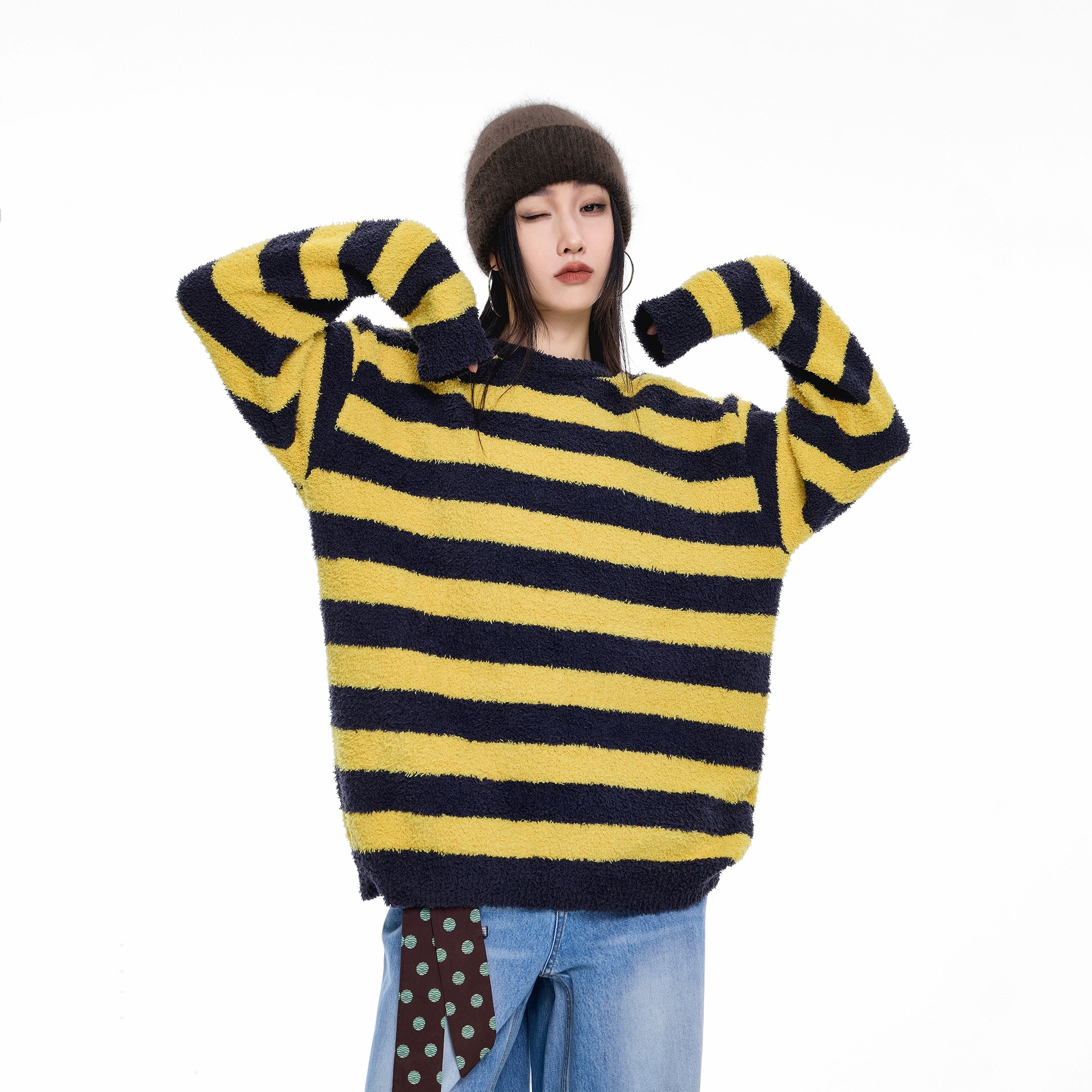 ICH MODE 美式复古撞色条纹圆领毛衣女秋冬季慵懒长袖针织衫上衣