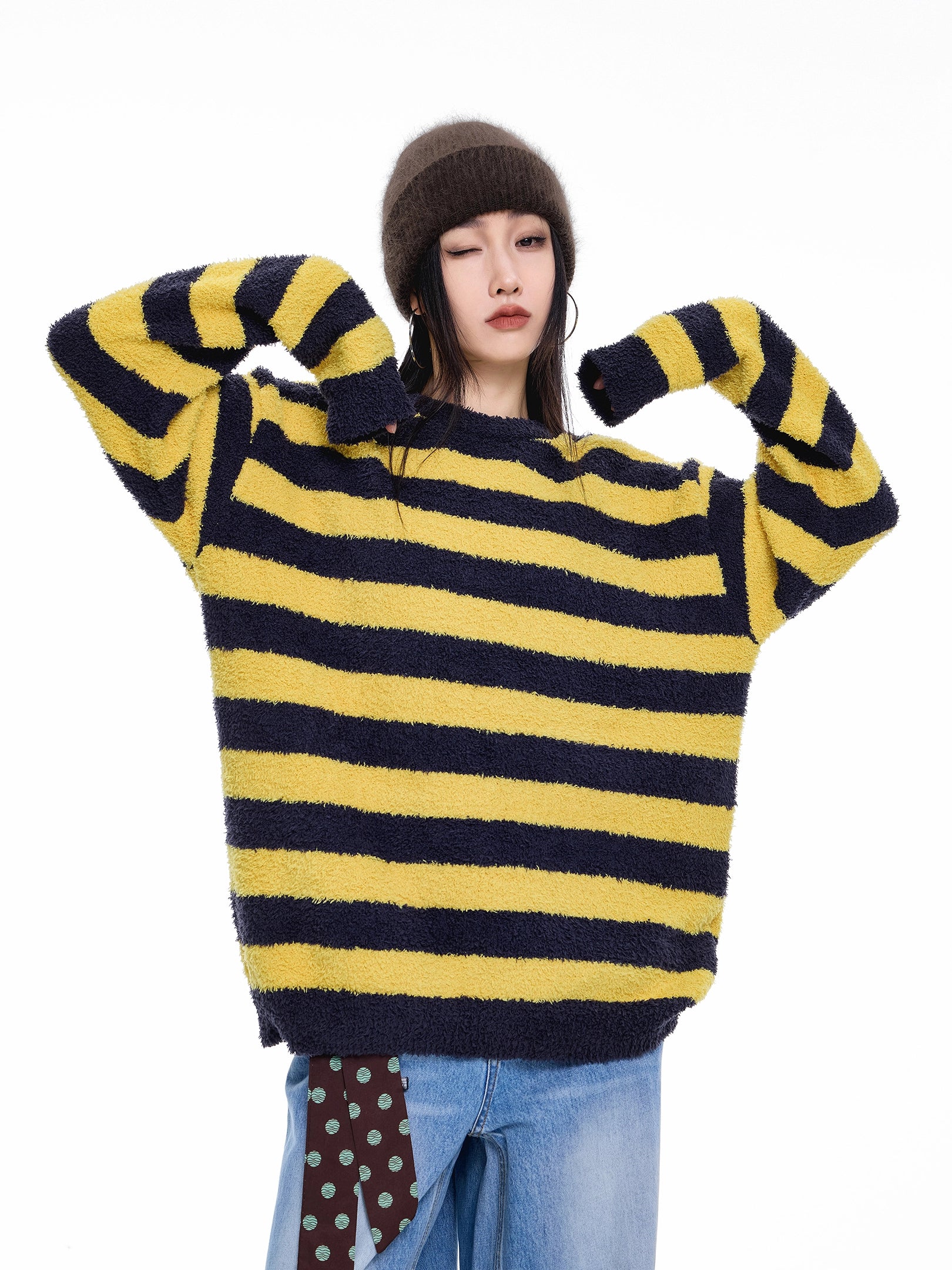 ICH MODE 美式复古撞色条纹圆领毛衣女秋冬季慵懒长袖针织衫上衣