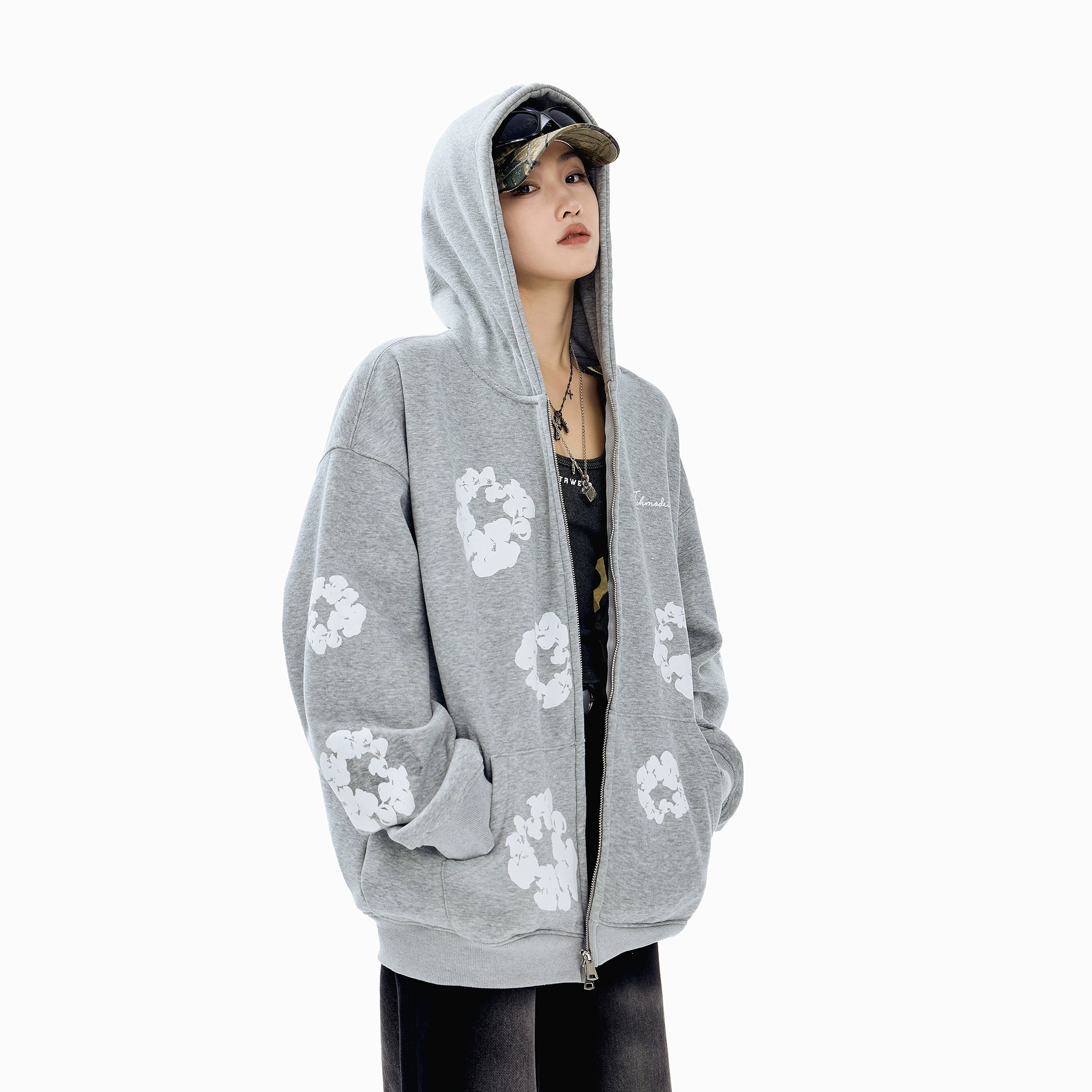 ICH MODE 美式复古木棉花连帽加绒卫衣外套女秋冬季宽松开衫上衣