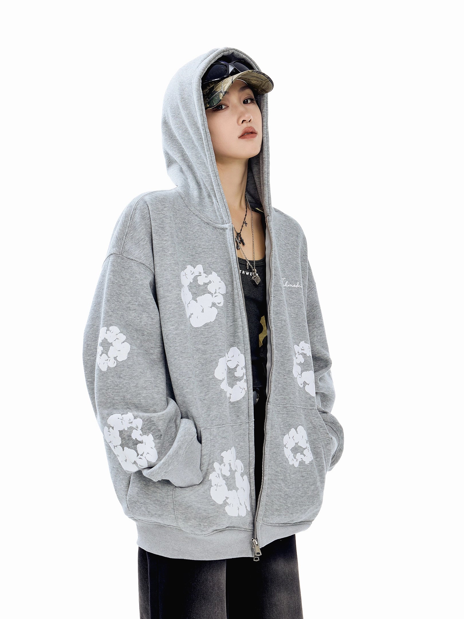 ICH MODE 美式复古木棉花连帽加绒卫衣外套女秋冬季宽松开衫上衣