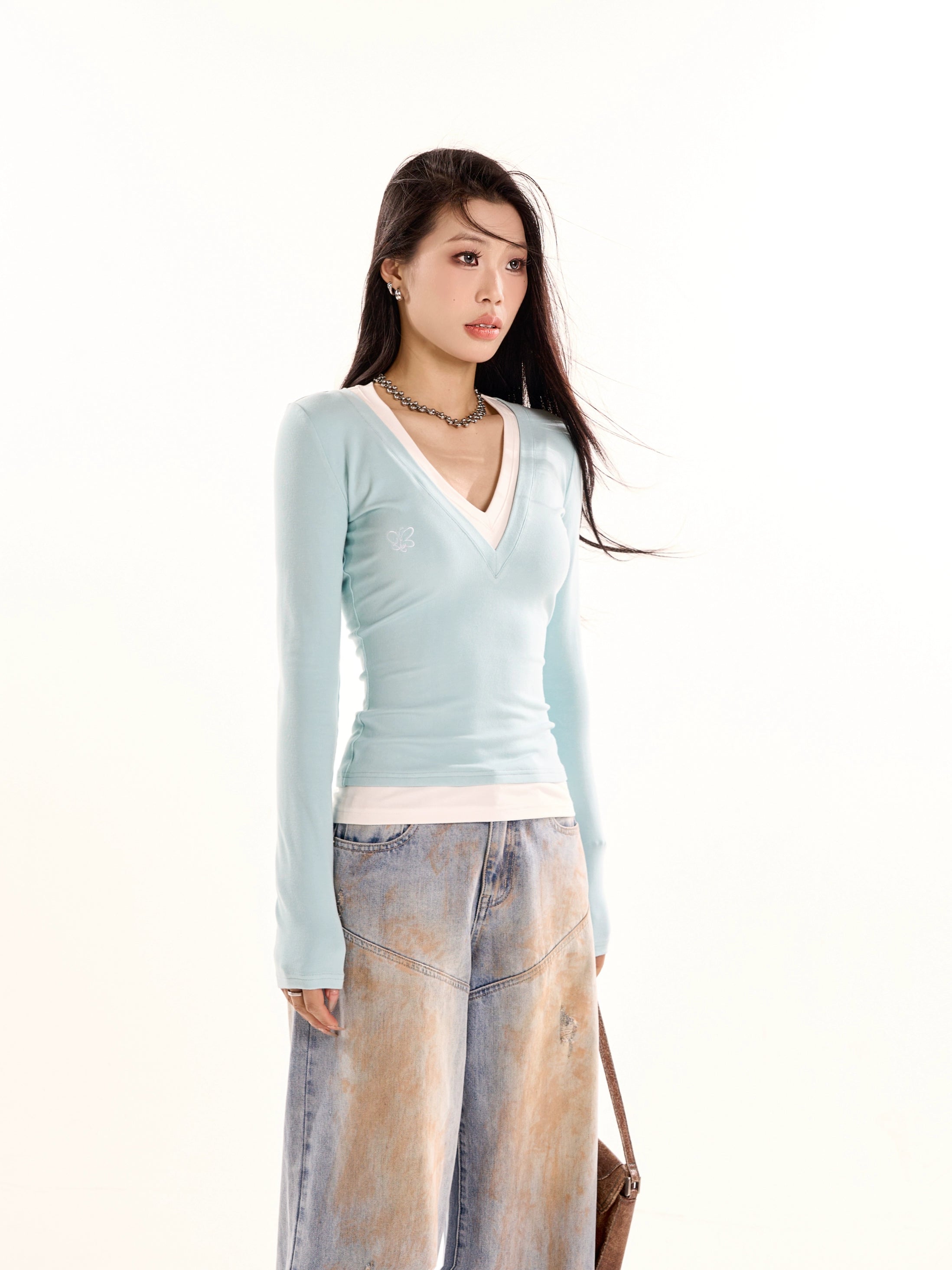 野生zerocircle 粉蓝灰色假两件针织衫女春秋韩系修身显瘦v领上衣