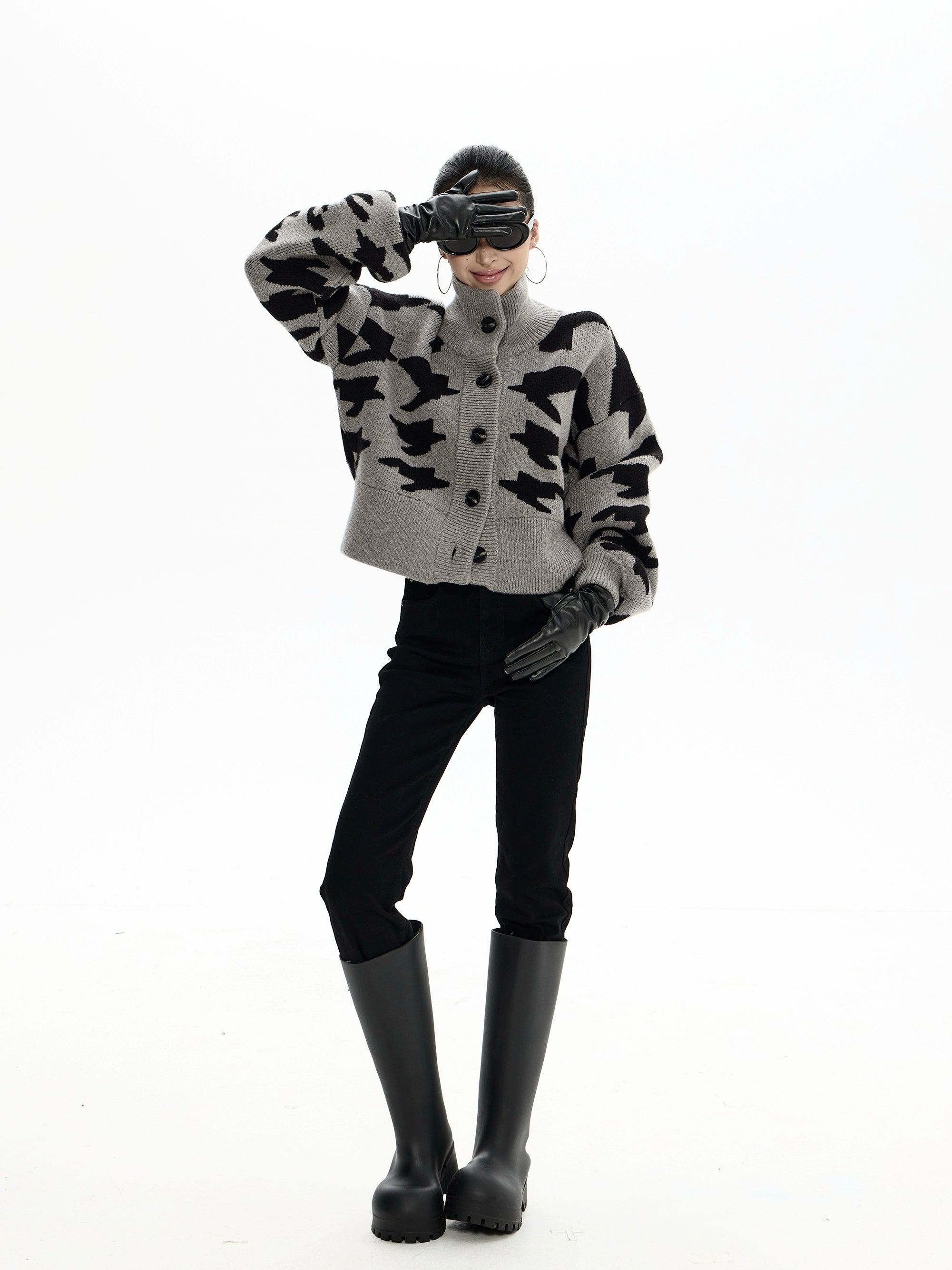 野生zero千鸟格短款开衫毛衣女秋冬2025新款美式复古立领上衣外套