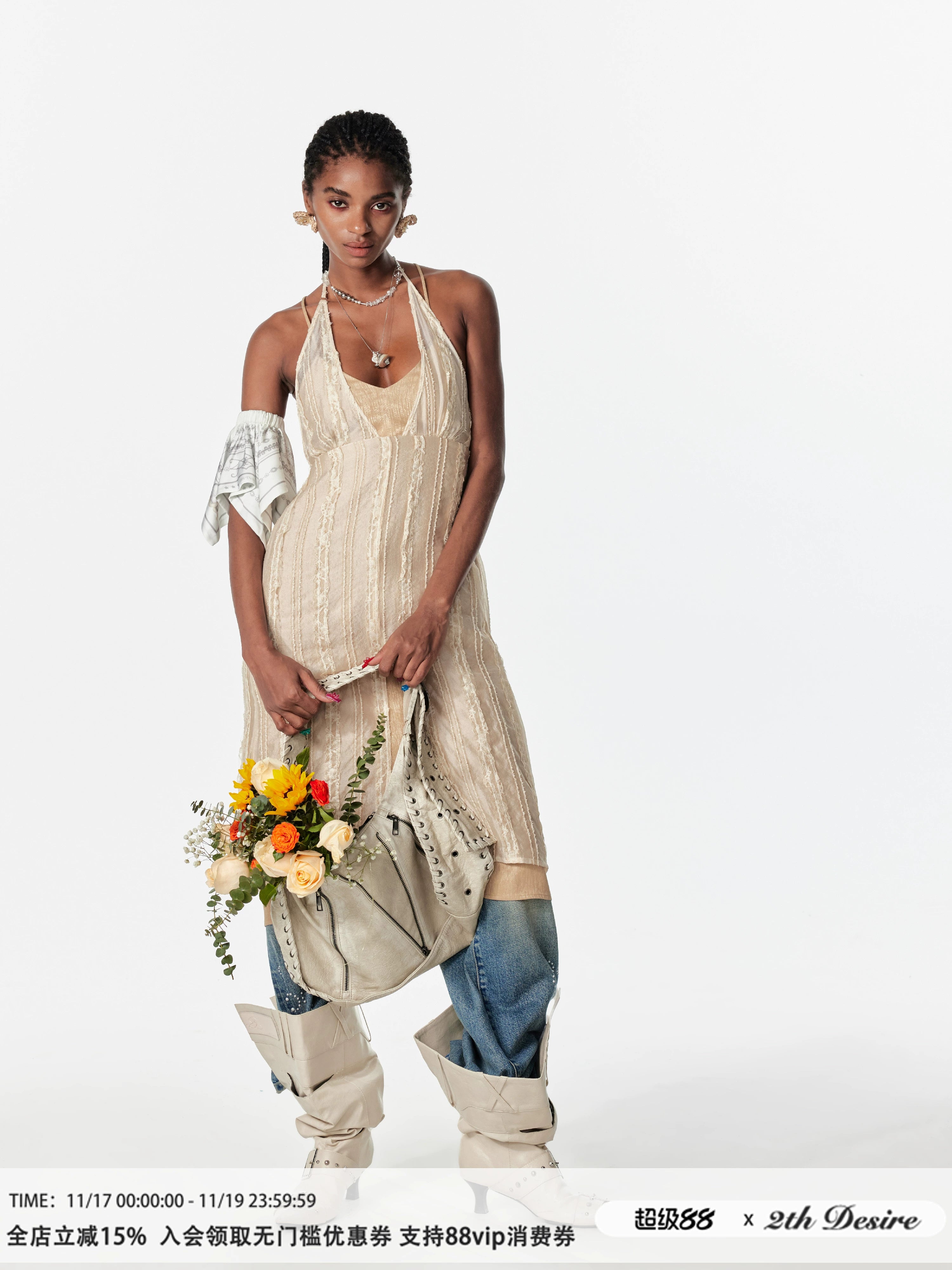 2th Desire假两件双层银丝花边绑带无袖露背度假风吊带裙连衣裙女