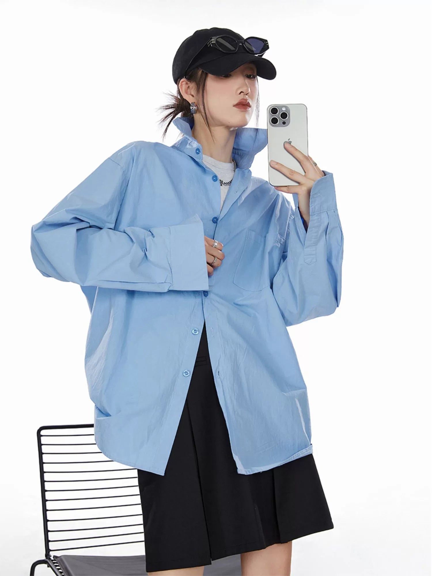 ICH MODE 美式复古白衬衫女夏季新款宽松流行衬衣外套上衣慵懒风