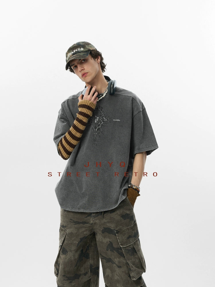 【荆棘系列】JHYQ275g复古水洗做旧圆领短袖t恤男美式宽松潮上衣
