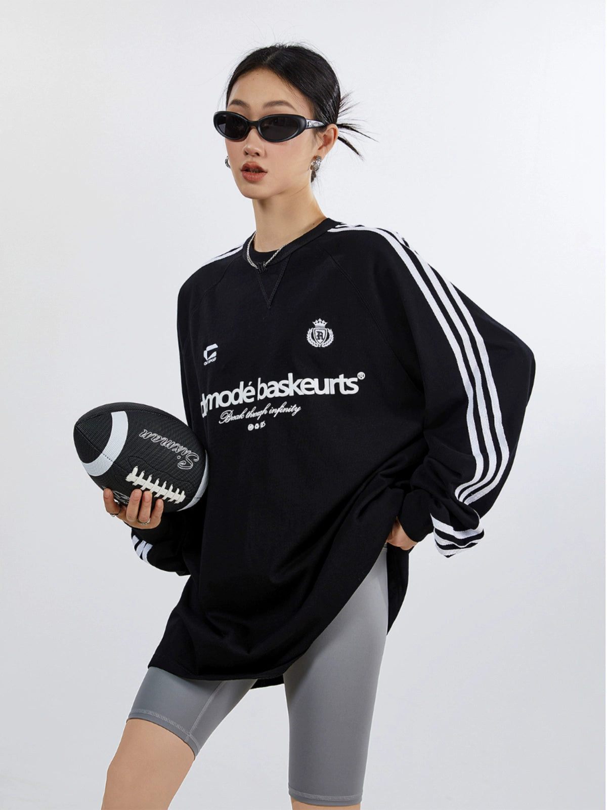 ICH MODE 270G美式复古条纹长袖T恤潮牌街头宽松休闲运动上衣女秋