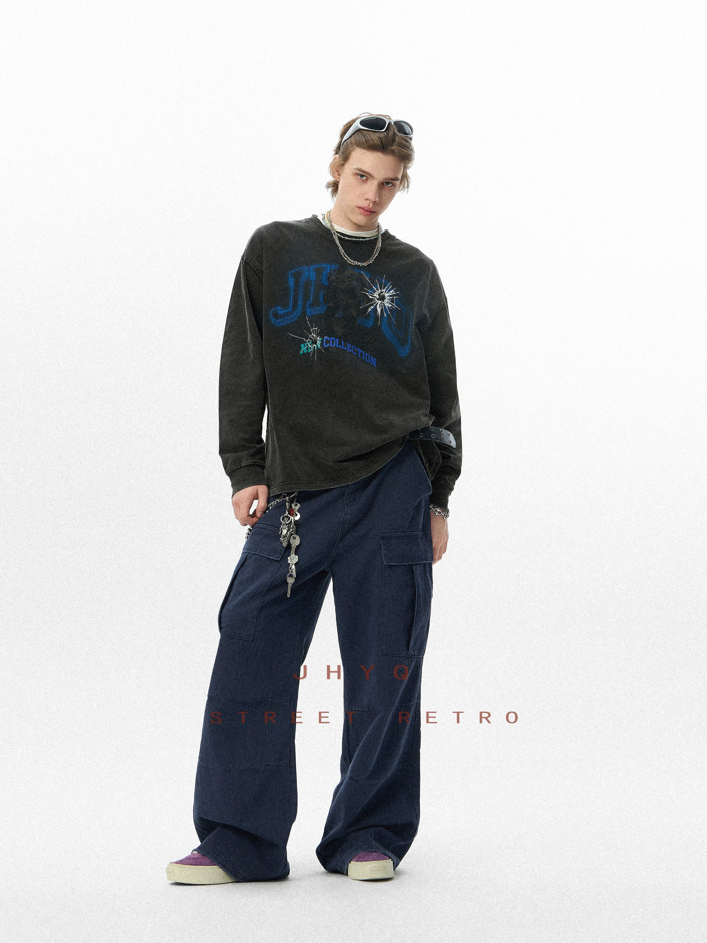 法斗犬丨JHYQ美式复古秋季水洗重磅320G长袖T恤男情侣印花卫衣衫