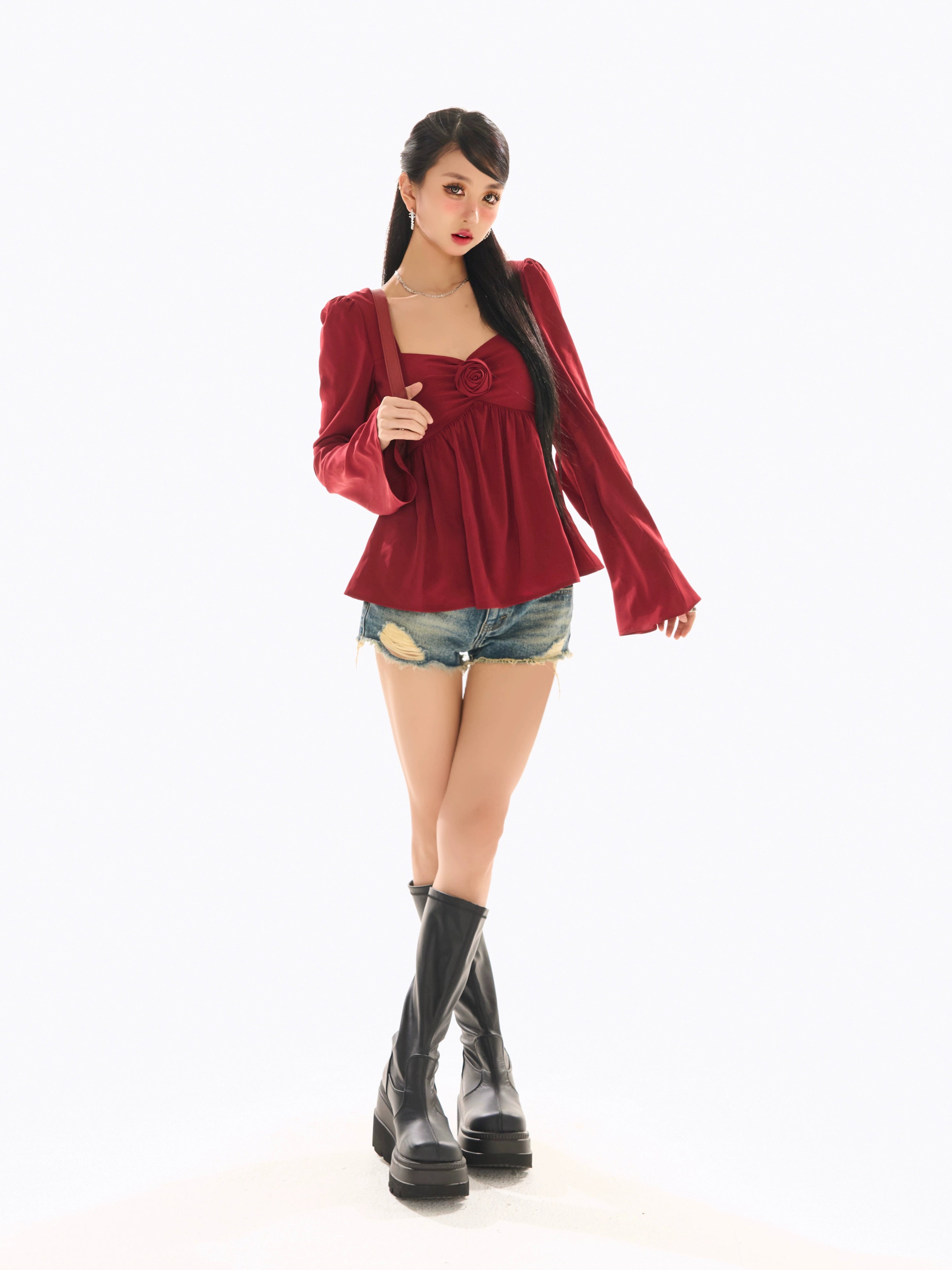 野生zerocircle红色法式别致小衫女春辣妹小众显瘦花朵喇叭袖上衣