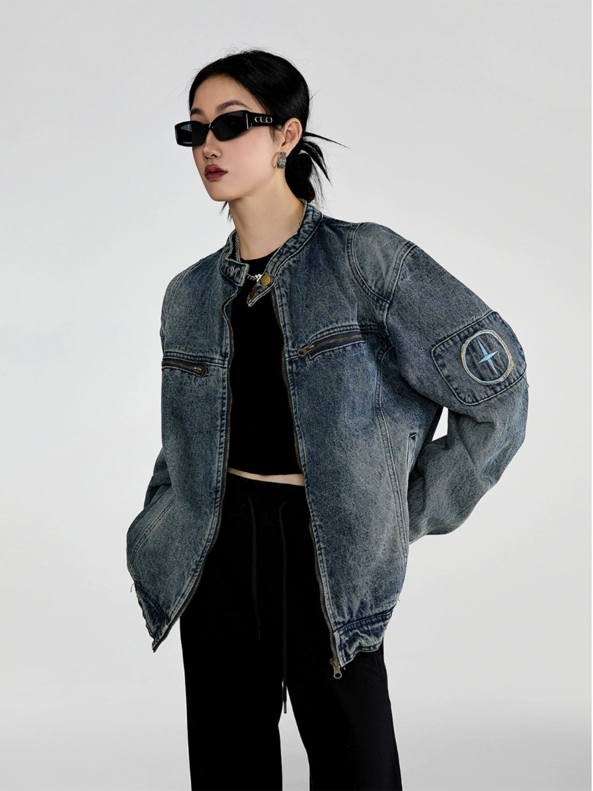 ICH MODE 美式复古做旧水洗牛仔外套女潮牌高街宽松休闲工装夹克