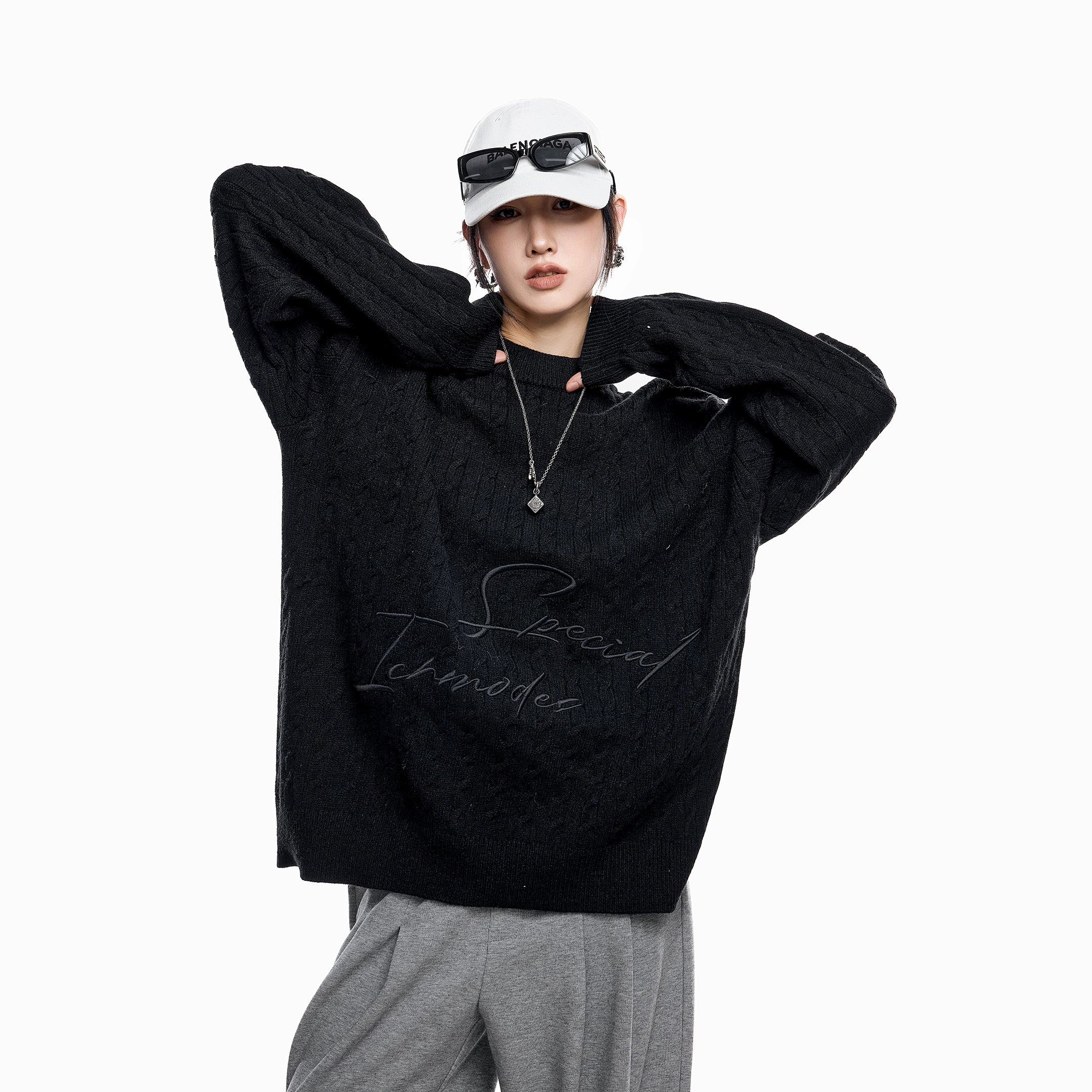 ICH MODE 美式复古慵懒刺绣麻花毛衣女秋冬休闲圆领毛针织衫上衣