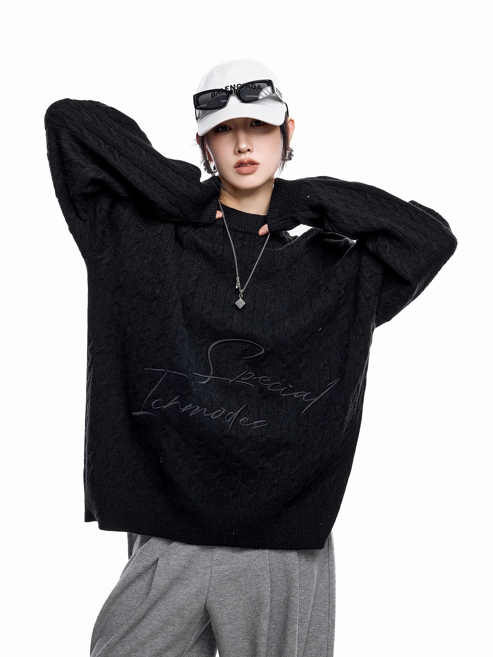 ICH MODE 美式复古慵懒刺绣麻花毛衣女秋冬休闲圆领毛针织衫上衣