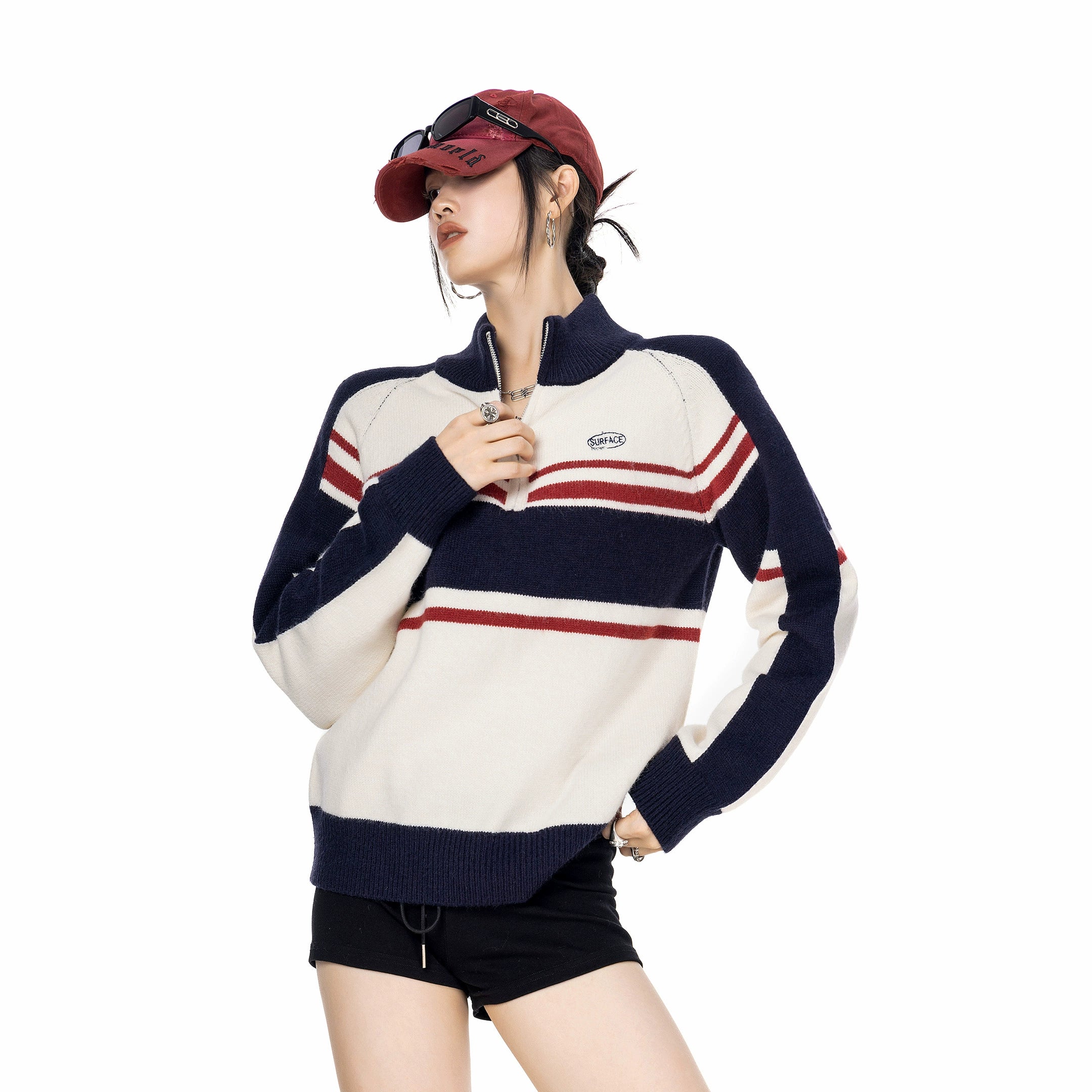 ICH MODE 美式复古撞色条纹半拉链针织衫女秋冬休闲运动毛衣上衣