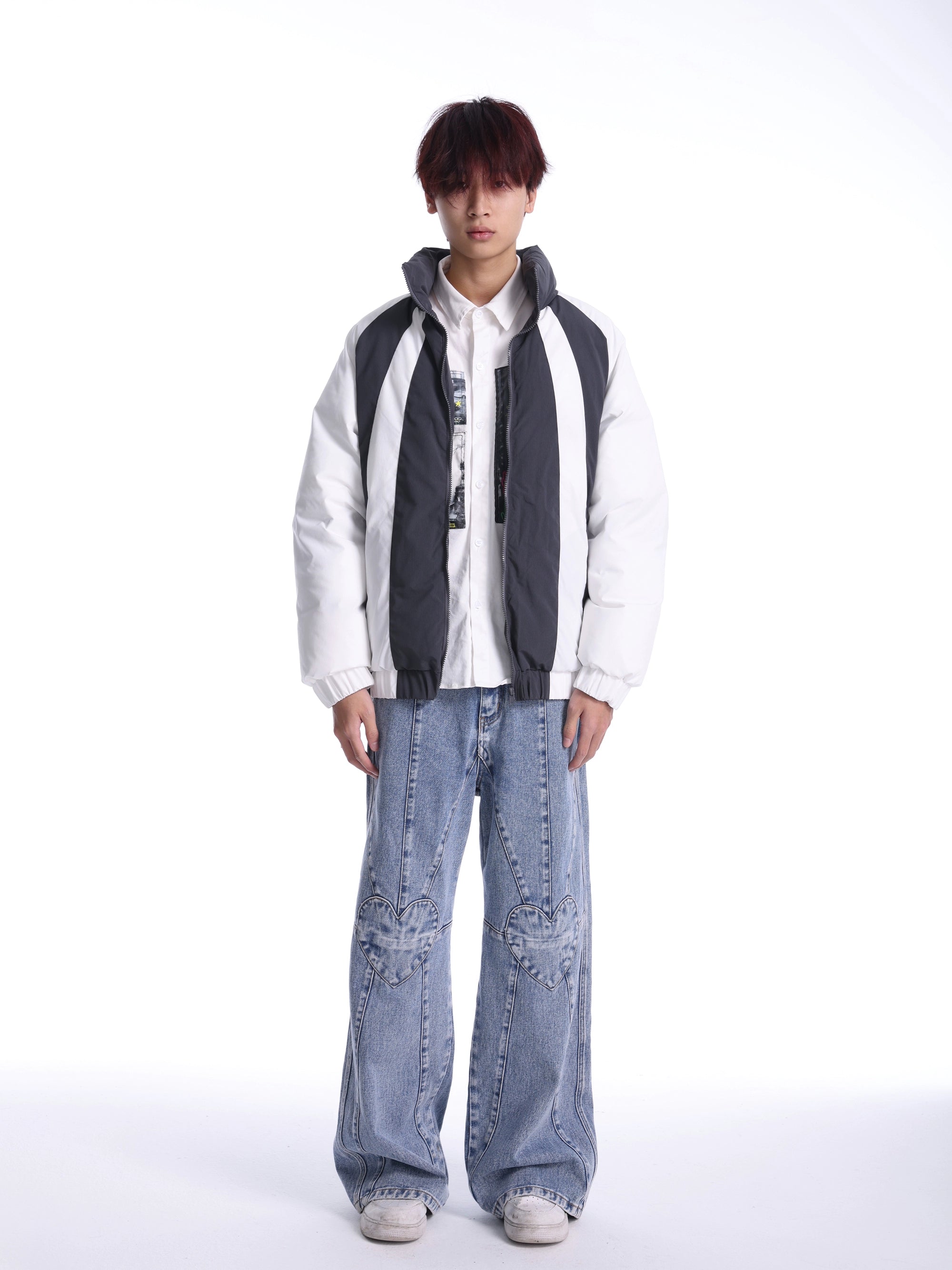 eeeeArtmonster拼接立领原创棉服秋冬潮牌复古宽松暗纹休闲外套