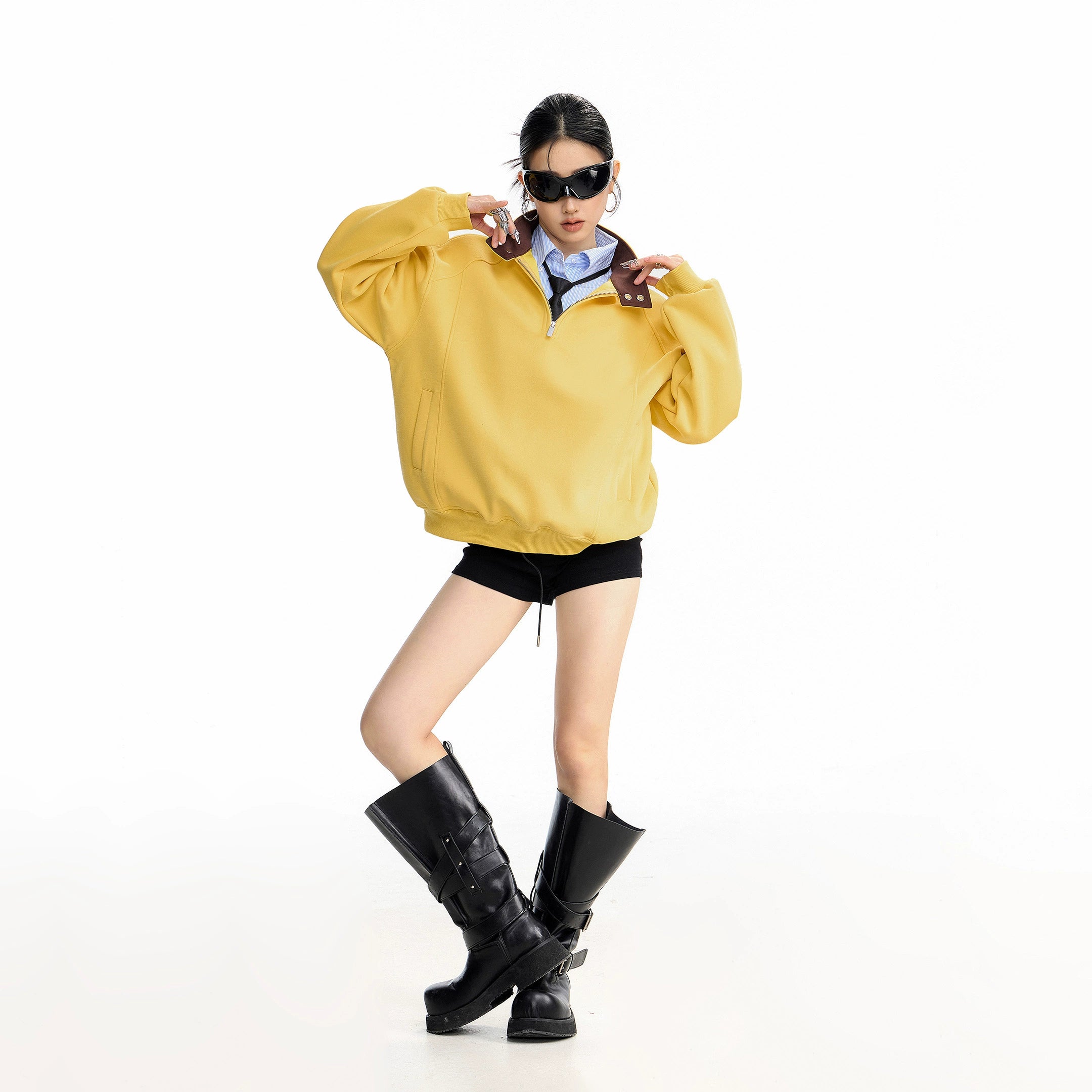 ICH MODE 美式复古撞色立领卫衣女2025新款秋冬季半拉链上衣外套