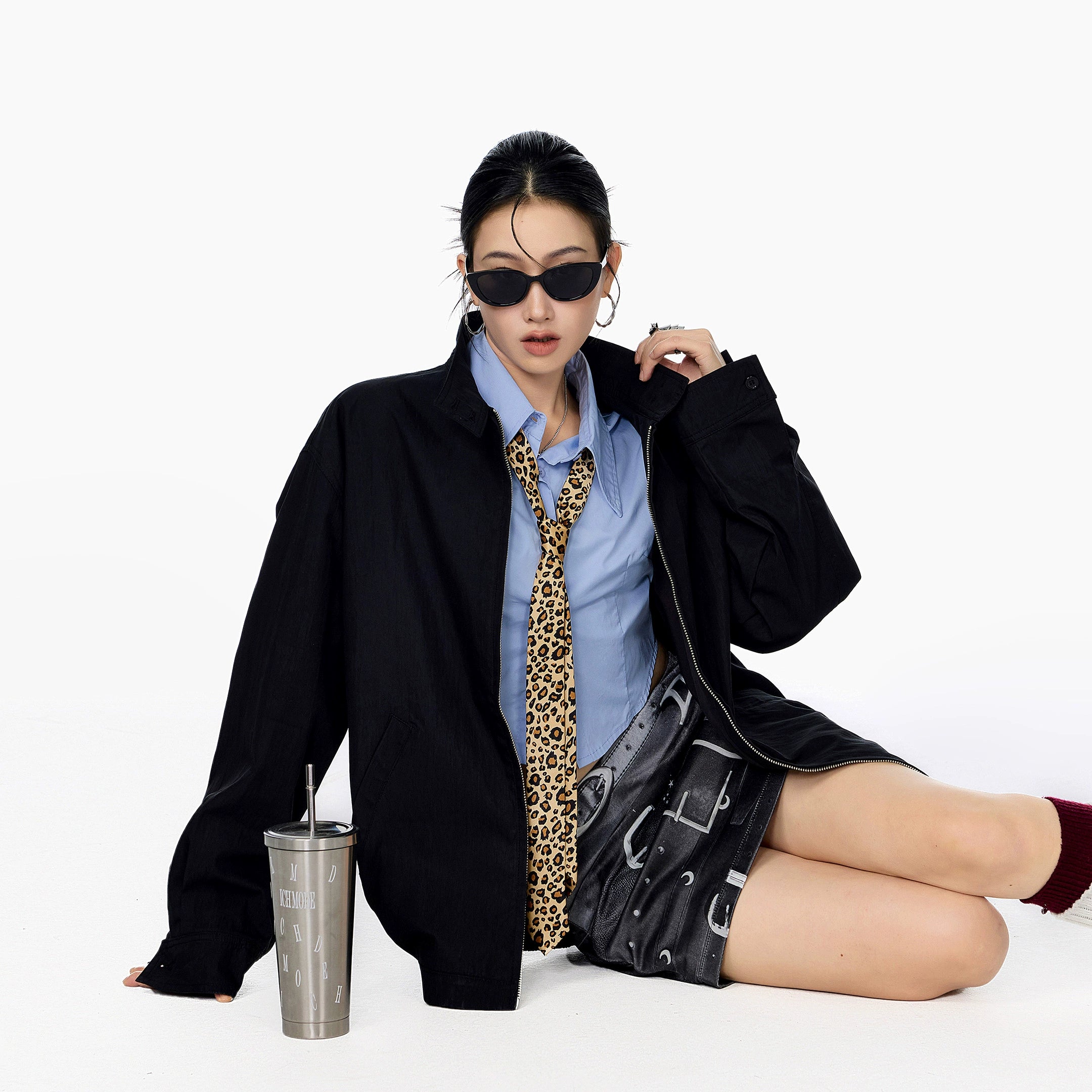 ICH MODE 美式复古休闲外套女秋冬新款宽松哈灵顿夹克工装上衣