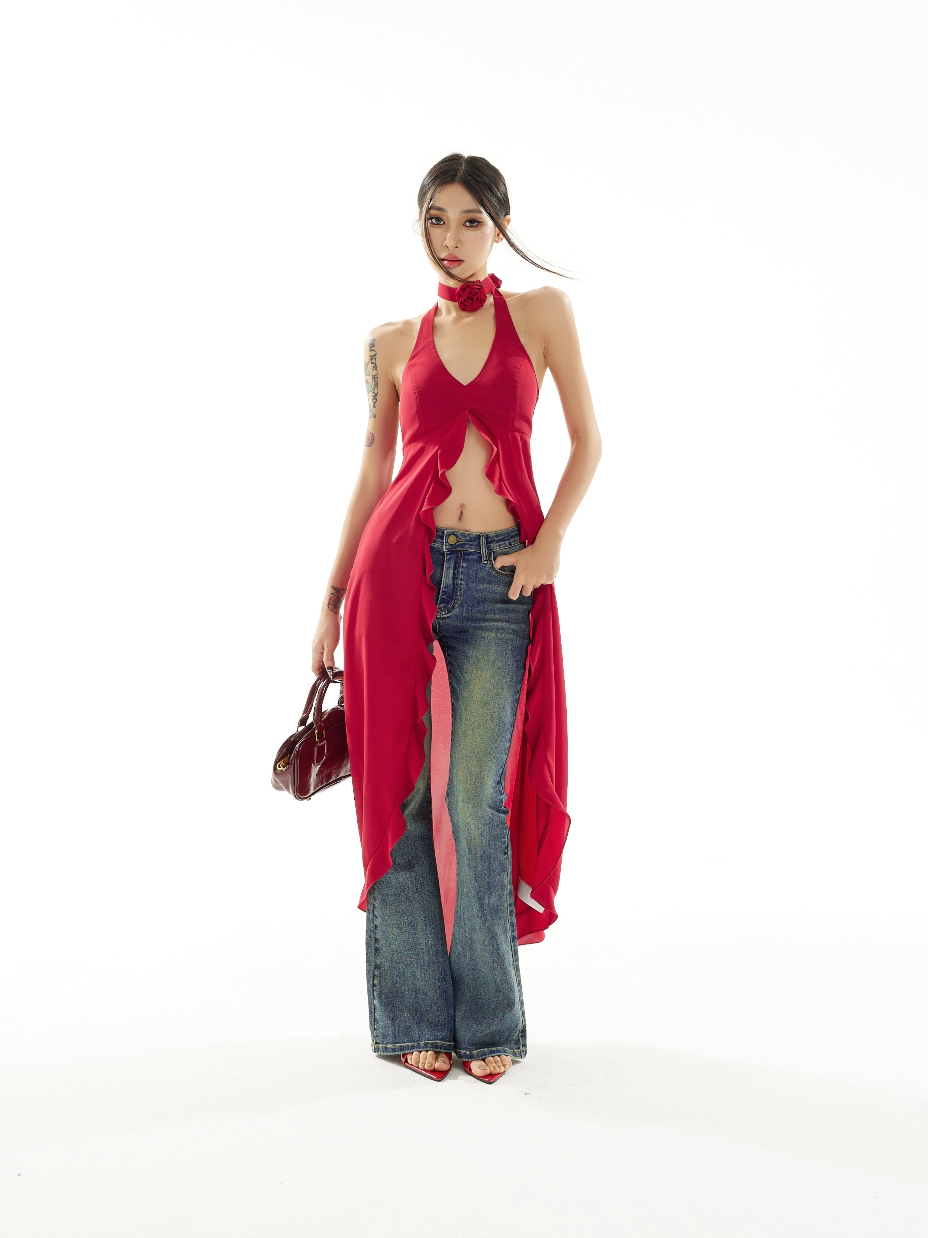 野生zero红色荷叶边挂脖背心连衣裙女夏季设计感小众显瘦无袖上衣