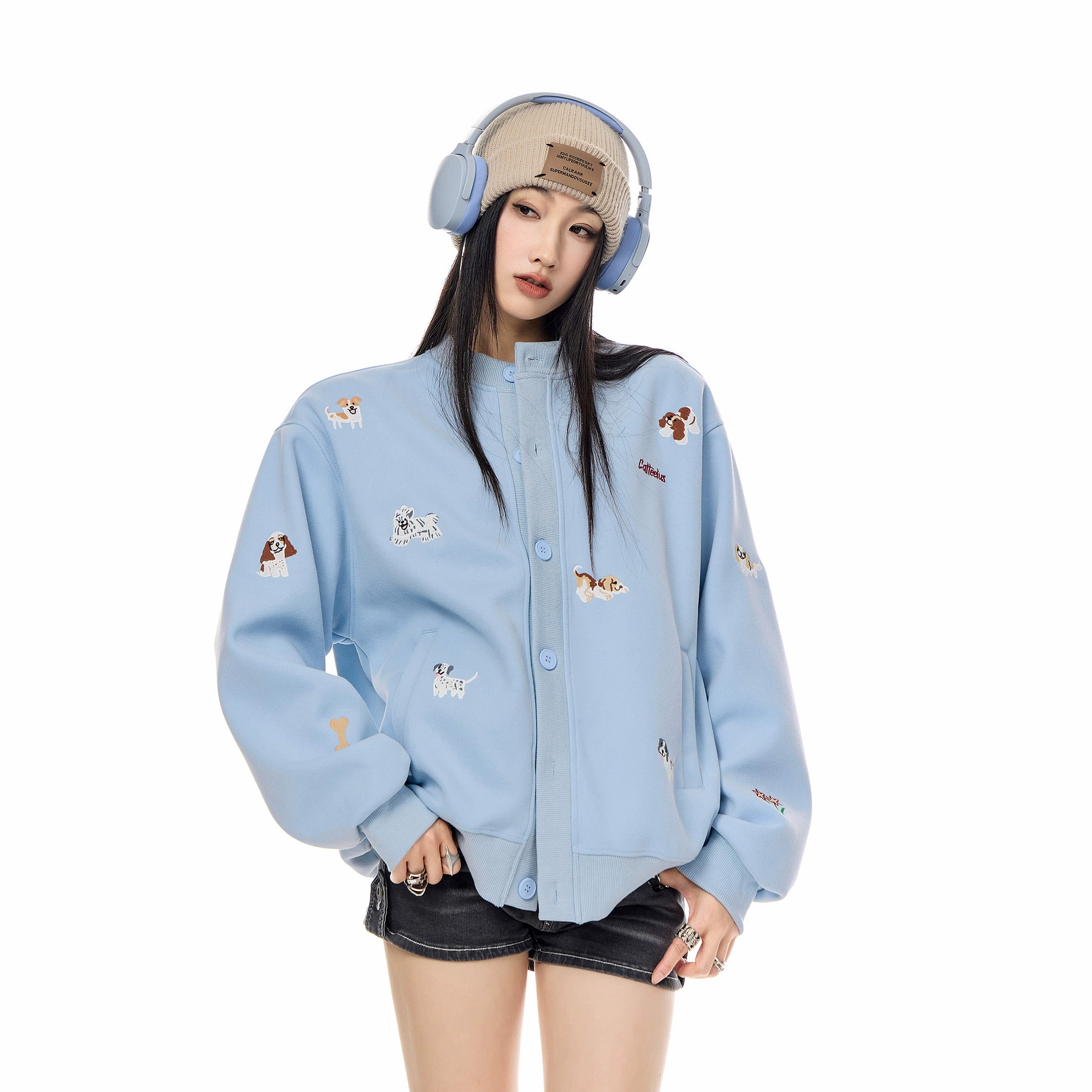 ICH MODE 美式复古小狗刺绣棒球领外套女2025秋冬季卫衣开衫上衣