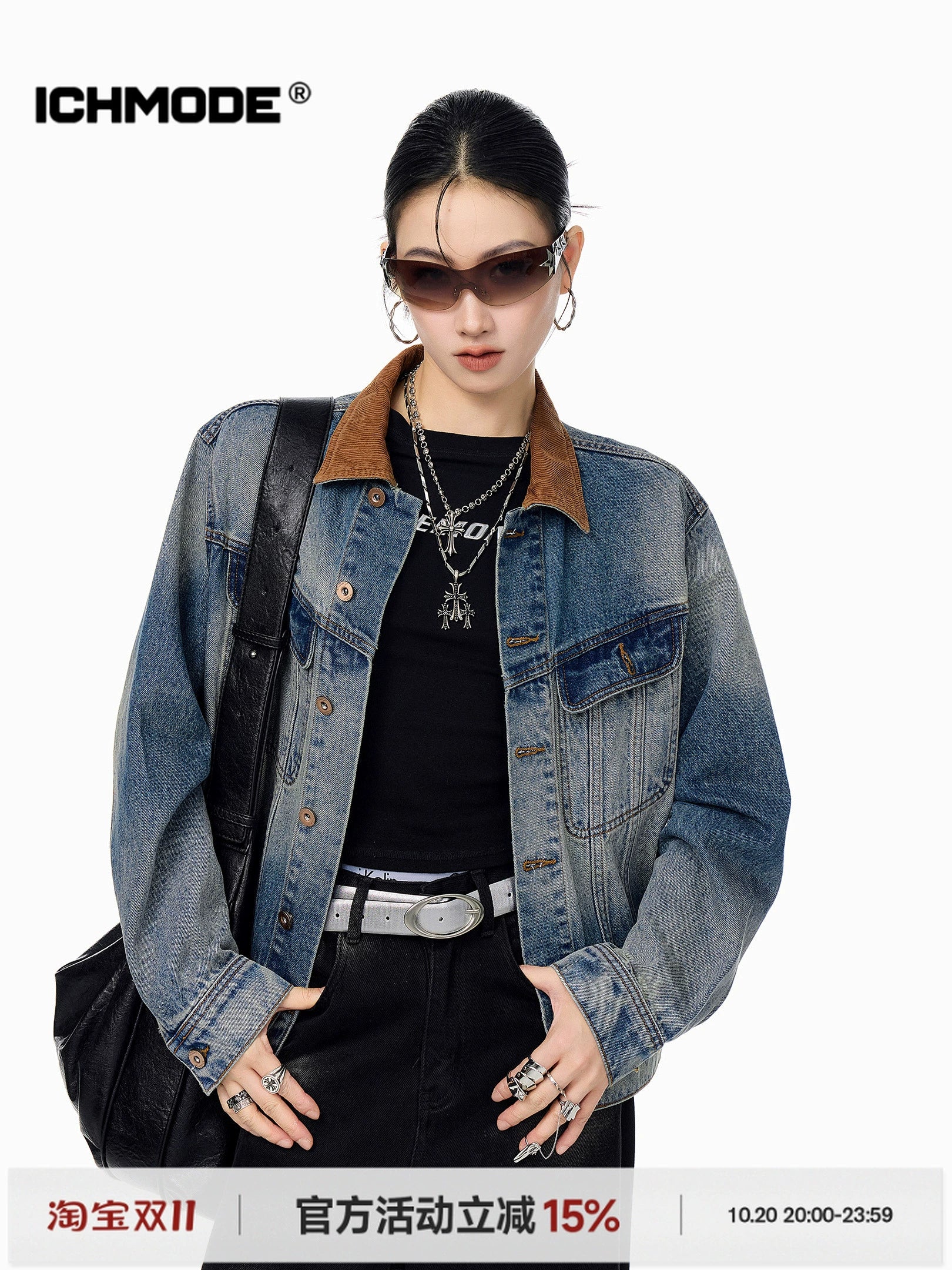 ICH MODE 美式复古水洗做旧牛仔外套女2025秋冬新款翻领夹克上衣