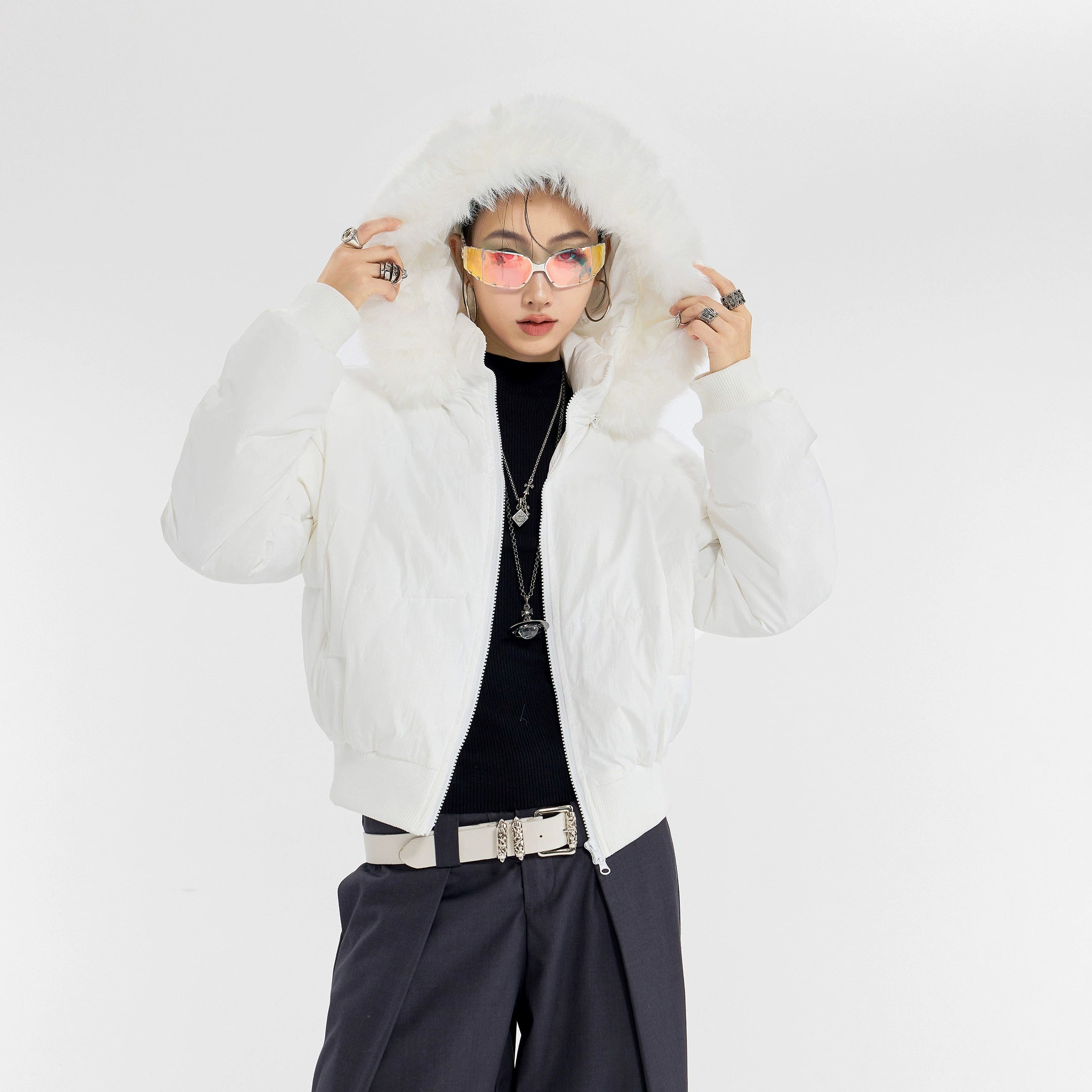 ICH MODE 美式复古大毛领连帽棉服女2025新款秋冬季修身开衫棉袄