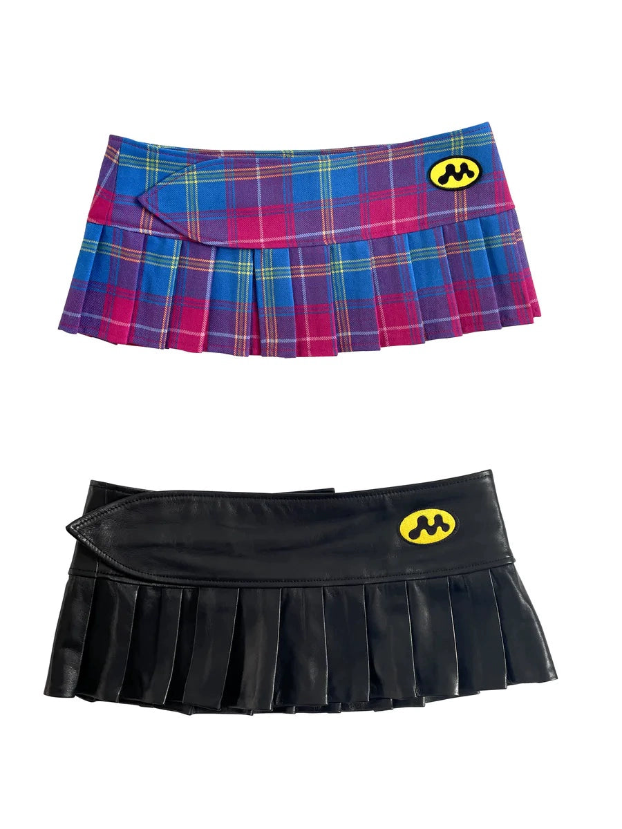 (晚安安)现货mowalola多文化辣妹格纹/皮裙 百褶裙 腰部可调节