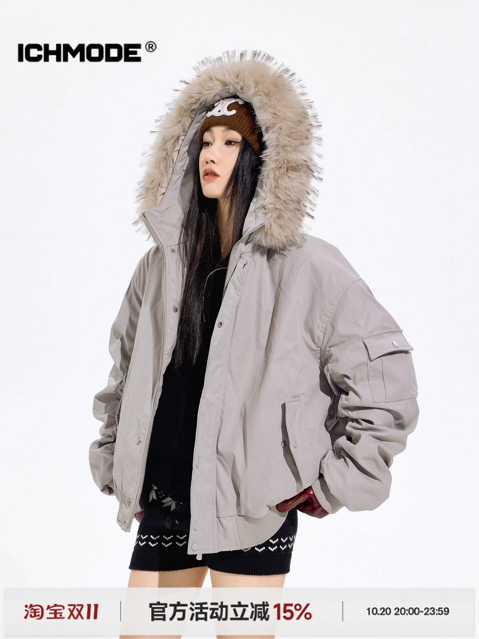 ICH MODE 美式复古毛领加厚棉服女秋冬季宽松保暖派克服棉衣外套