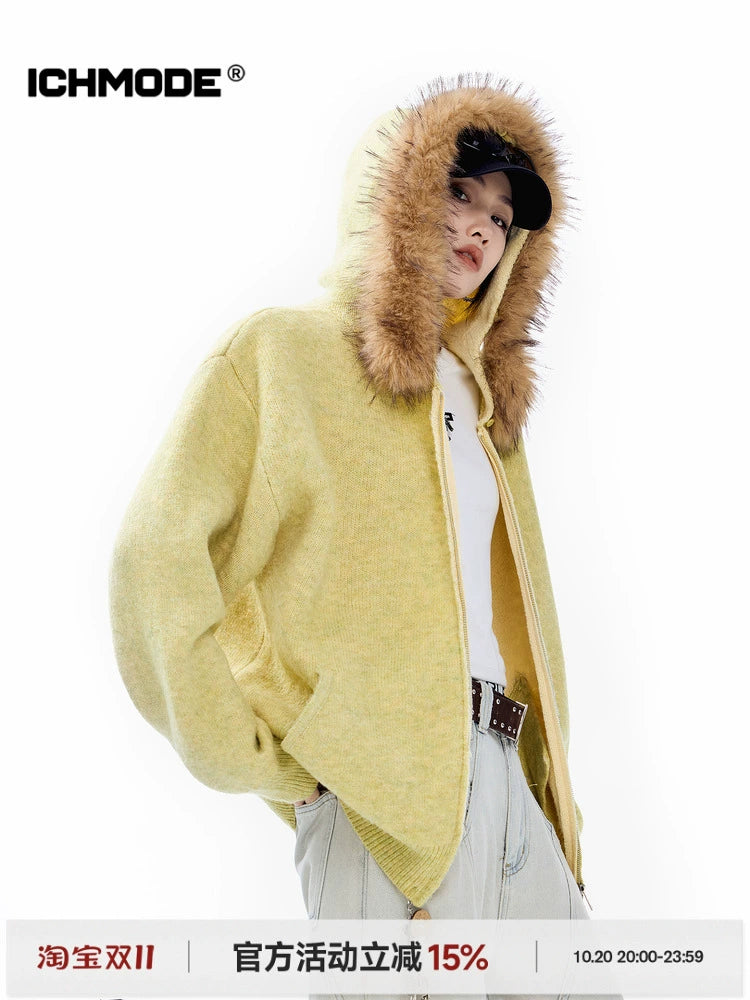 ICH MODE 美式可拆卸毛领黄色针织开衫女秋冬季宽松慵懒毛衣外套