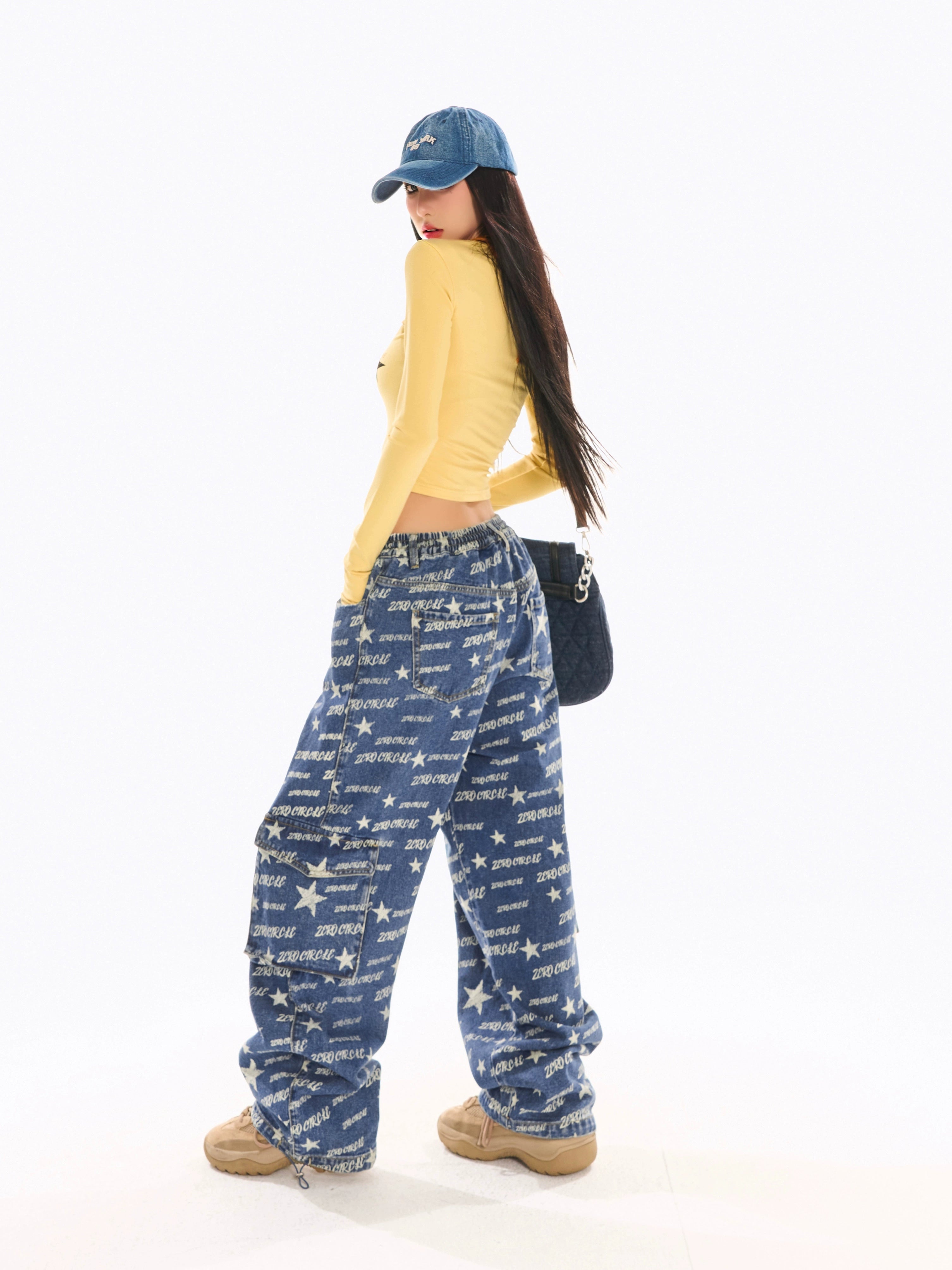野生zerocircle印花松紧腰牛仔裤女春设计感显瘦宽松直筒阔腿裤子